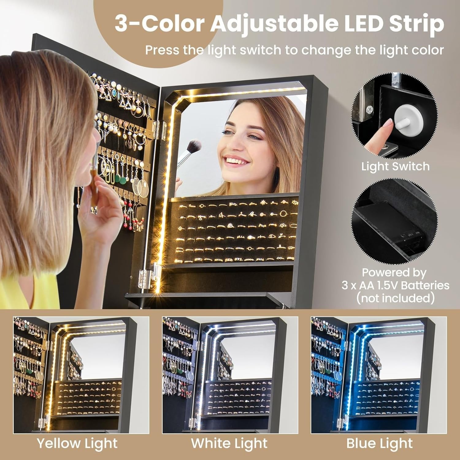 Black Freestanding Jewelry Armoire LED Mirror Large Storage Organizer