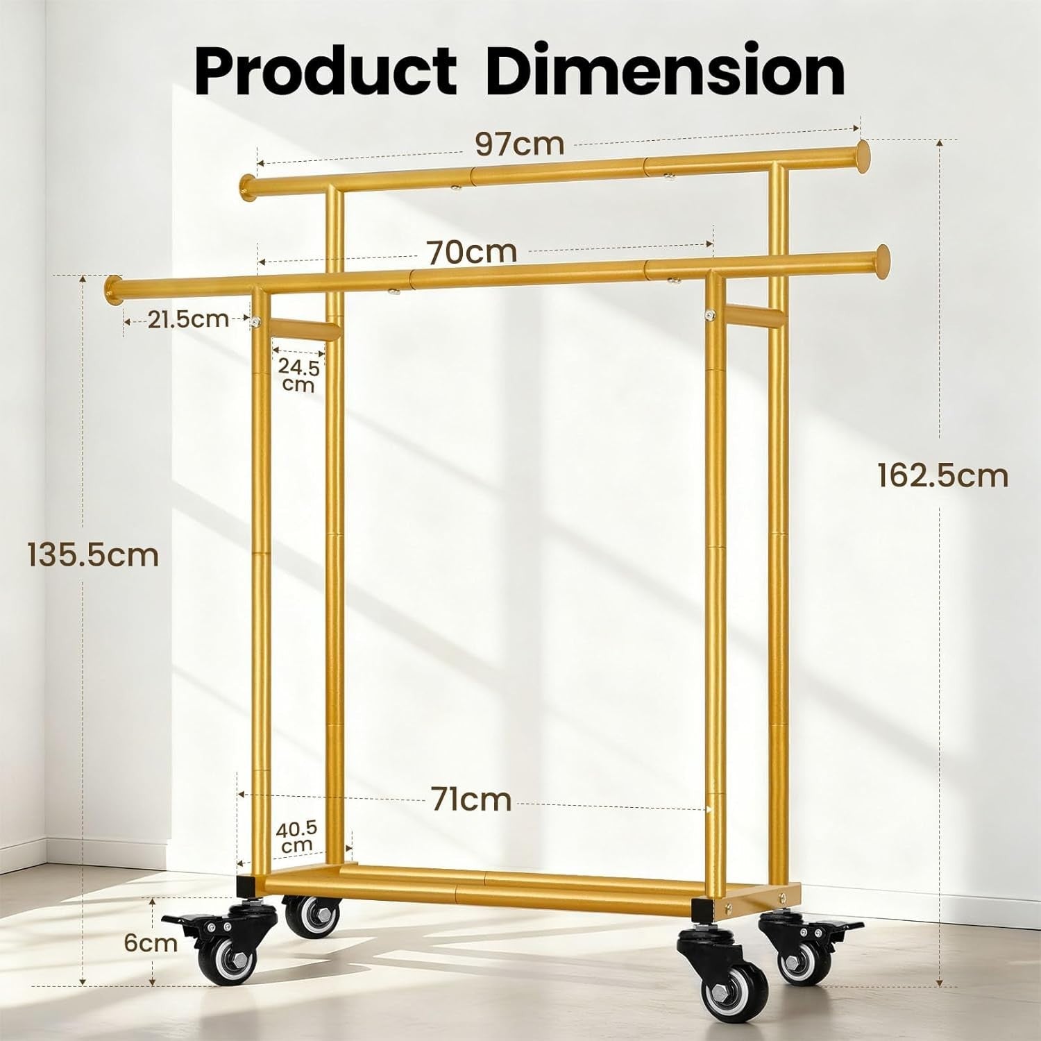 Heavy Duty Double Rail Clothes Rack with Wheels & Shelf – Gold