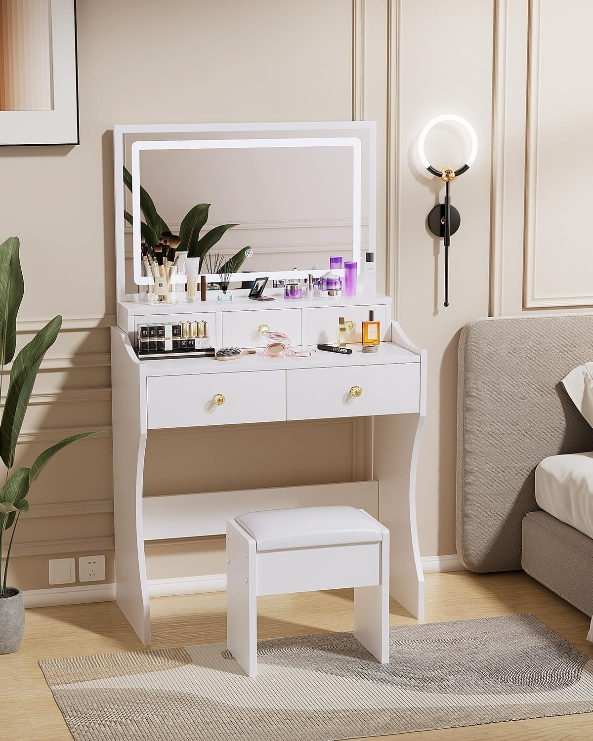 Vanity Dressing Table with LED Mirror & Stool, 5 Drawers, Compact White Wood