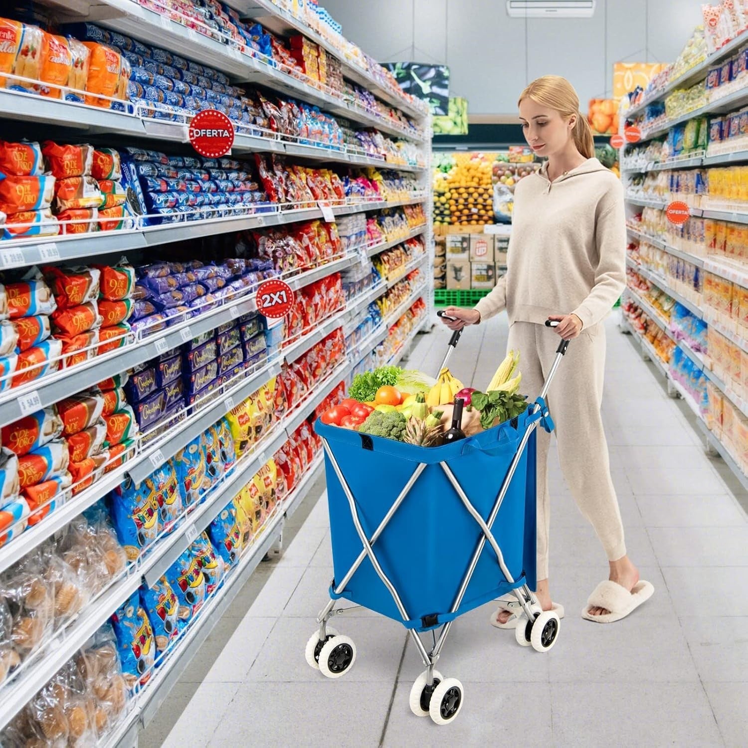 Extra Large 90L 8-Wheel Folding Shopping Trolley Cart Blue
