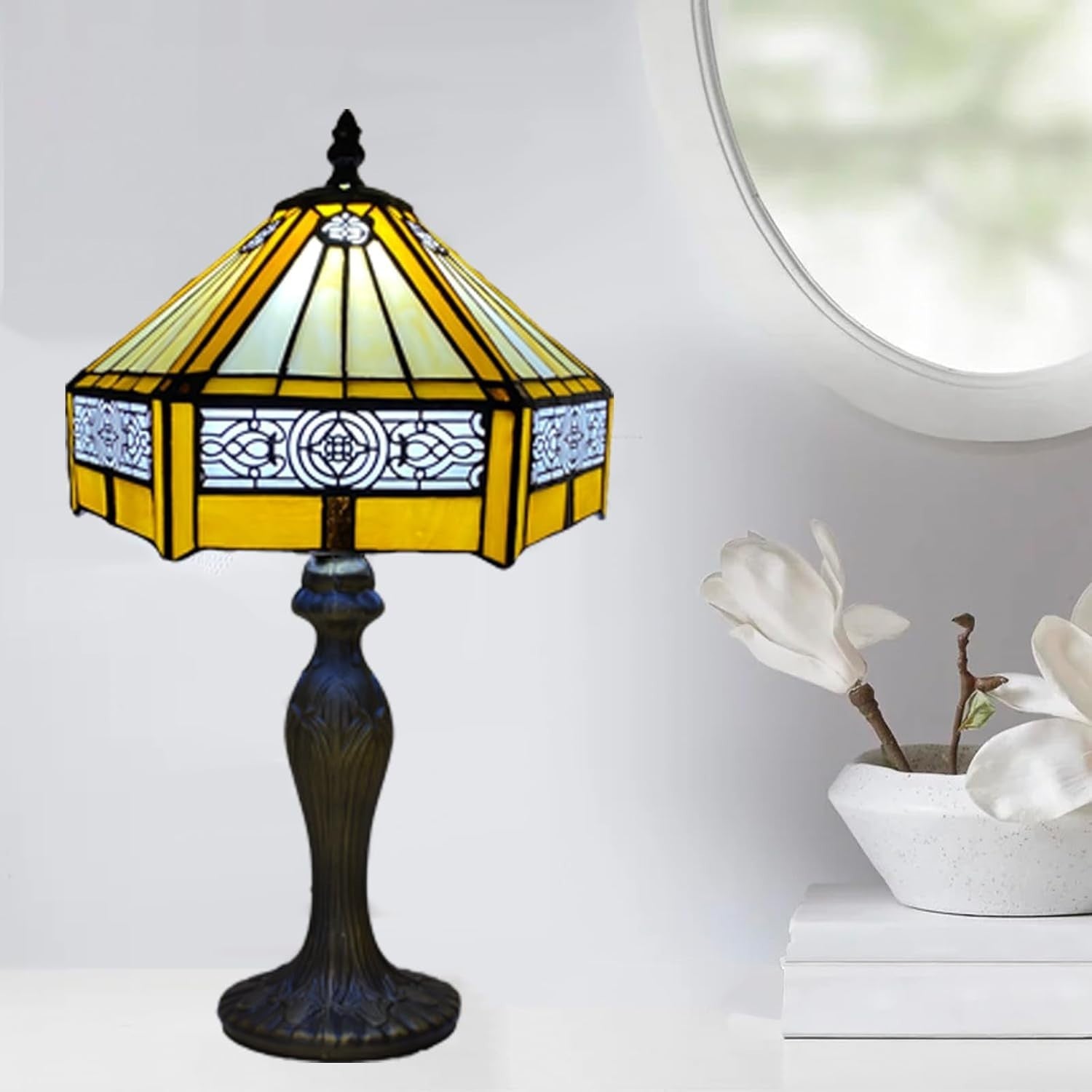 Antique Tiffany Table Lamp Stained Glass Hexagon Shade for Living Room