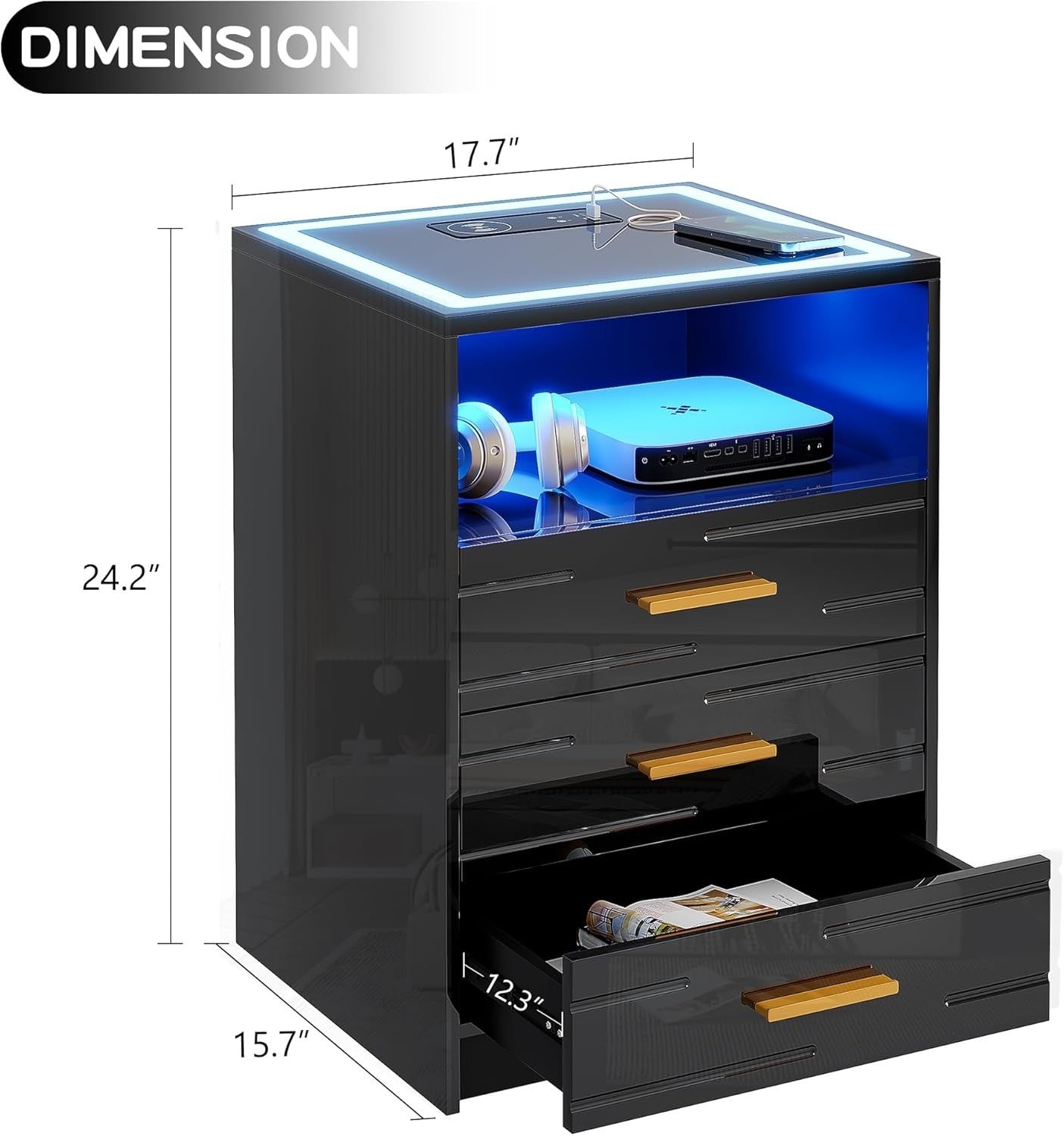 Set of 2 LED Black Bedside Tables with Wireless Charging 3 Drawers