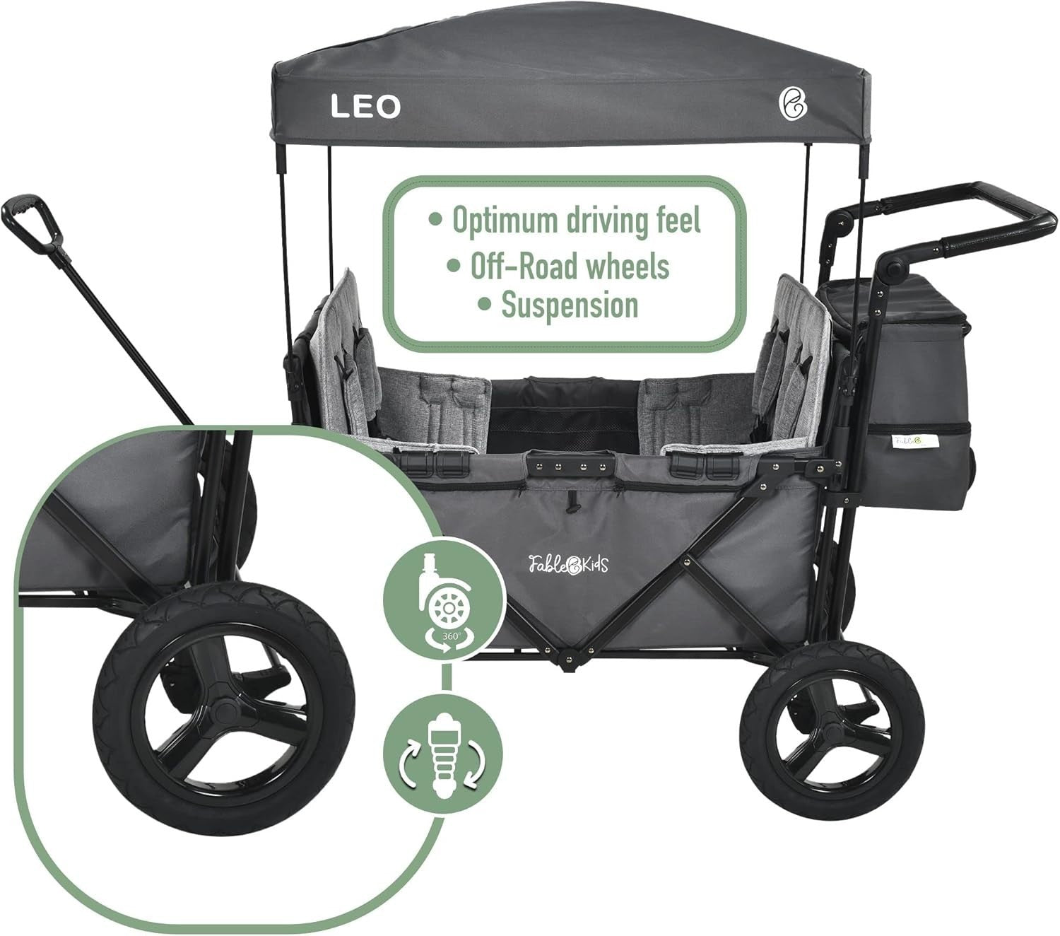 Foldable Kids Wagon with Roof 4-Seat 5-Point Belts Off-Road Wheels Grey