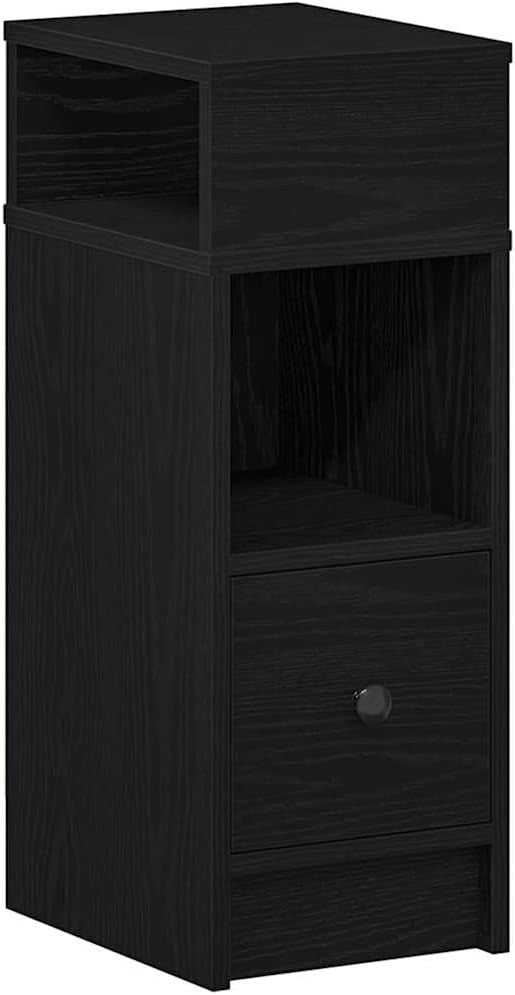 Black Bedside Table with Drawer & Shelves | Slim Modern Nightstand