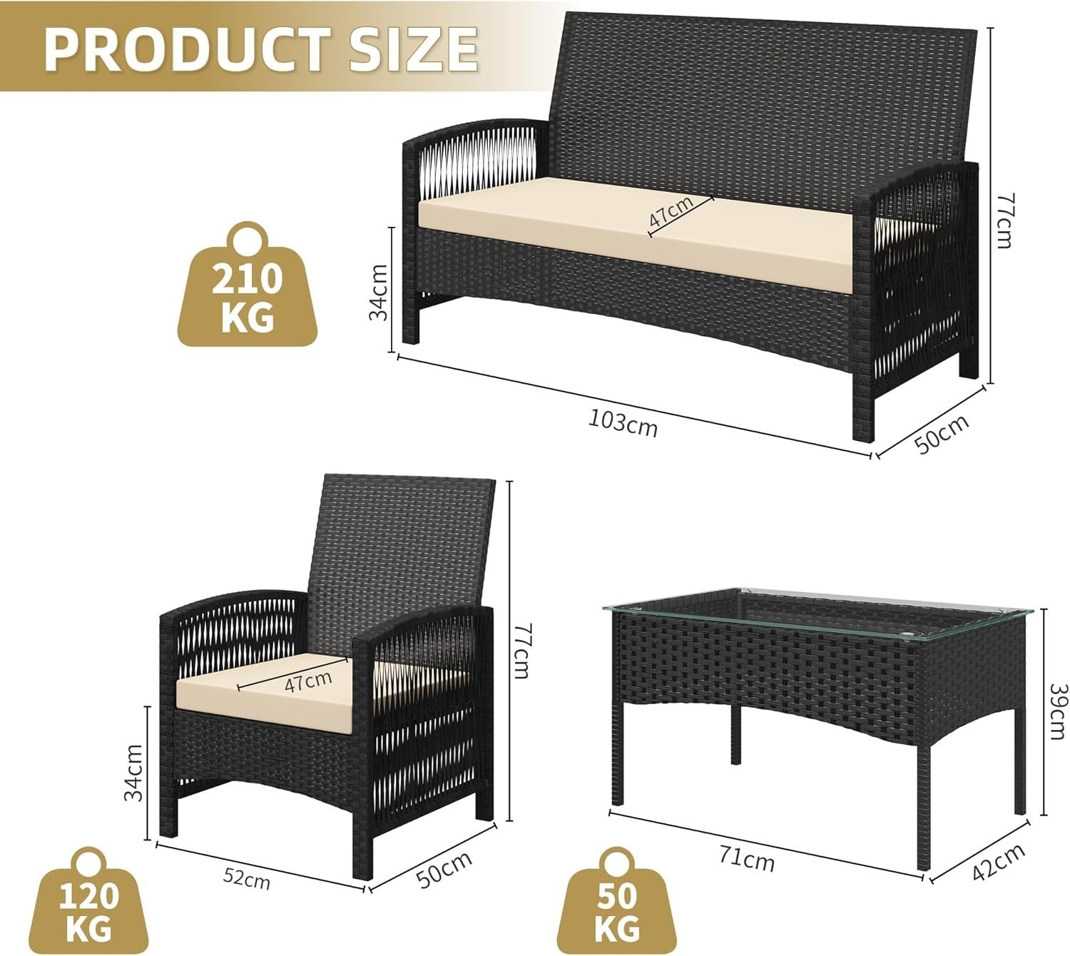 4-Piece Rattan Garden Patio Set Black Cushioned Sofa & Glass Coffee Table