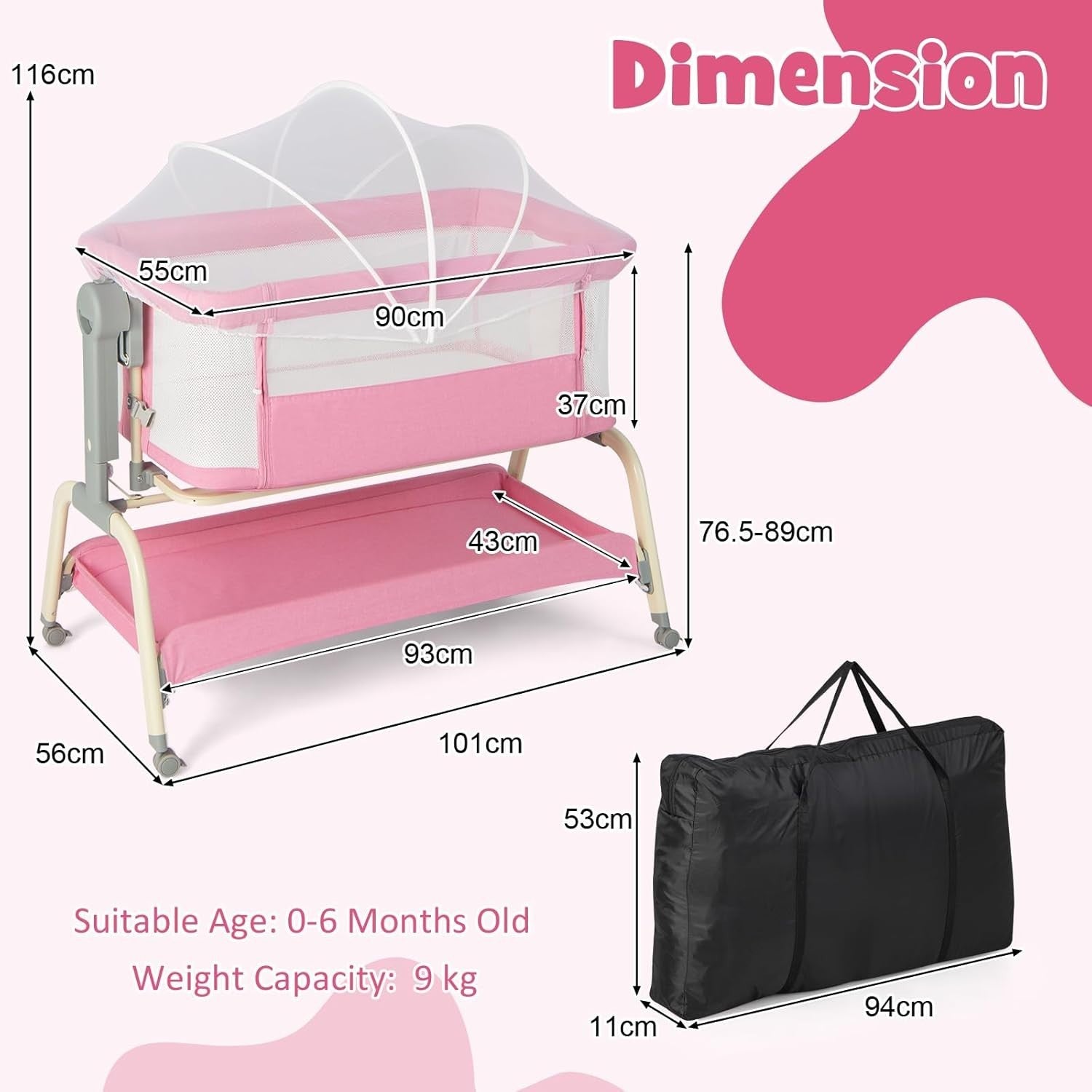 4in1 Baby Bedside Crib Adjustable Rocking Bassinet with Mattress & Storage Pink