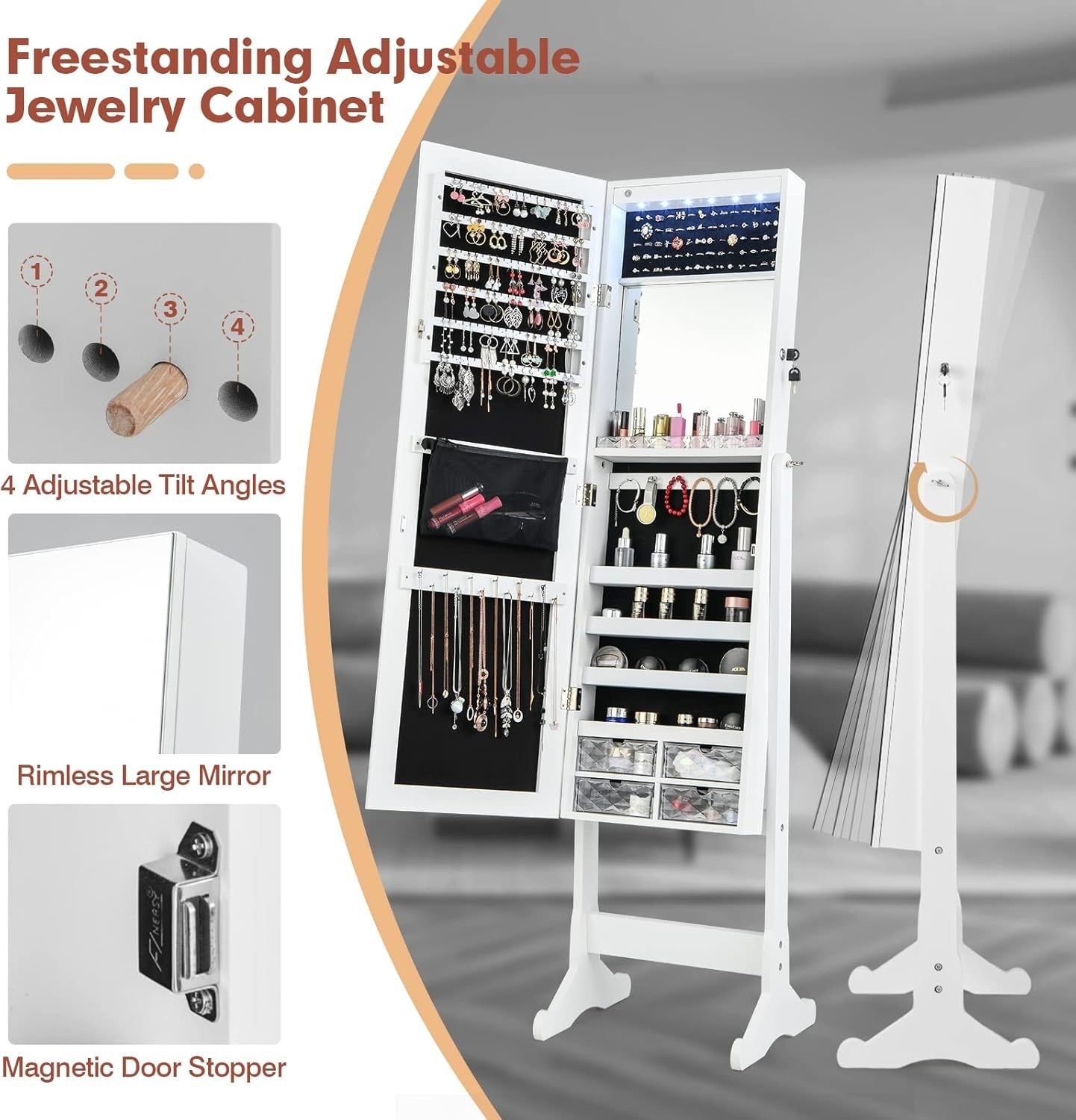 White Standing Jewelry Armoire Mirror LED Lights Lockable Adjustable Storage
