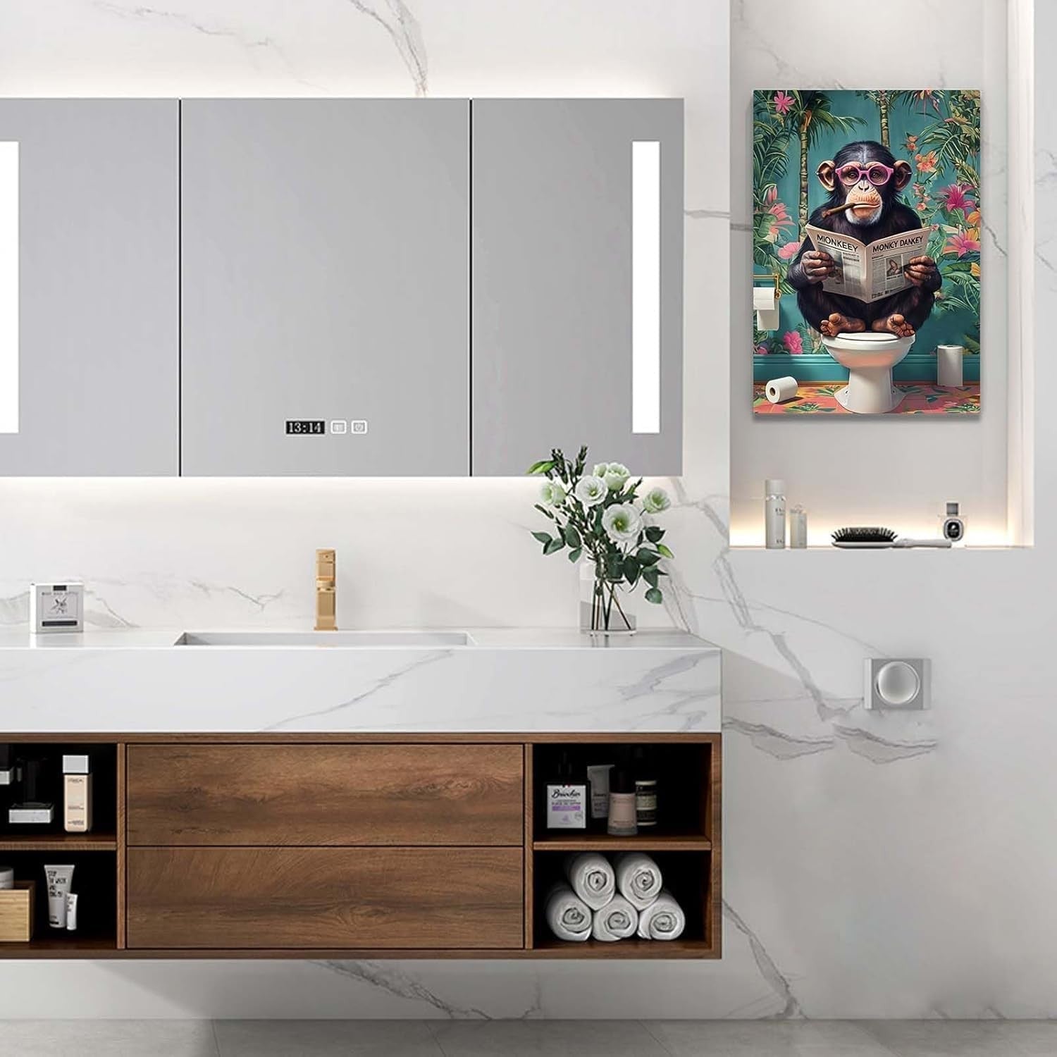 Funny Monkey Canvas Wall Art 12x16 Framed Bathroom Decor