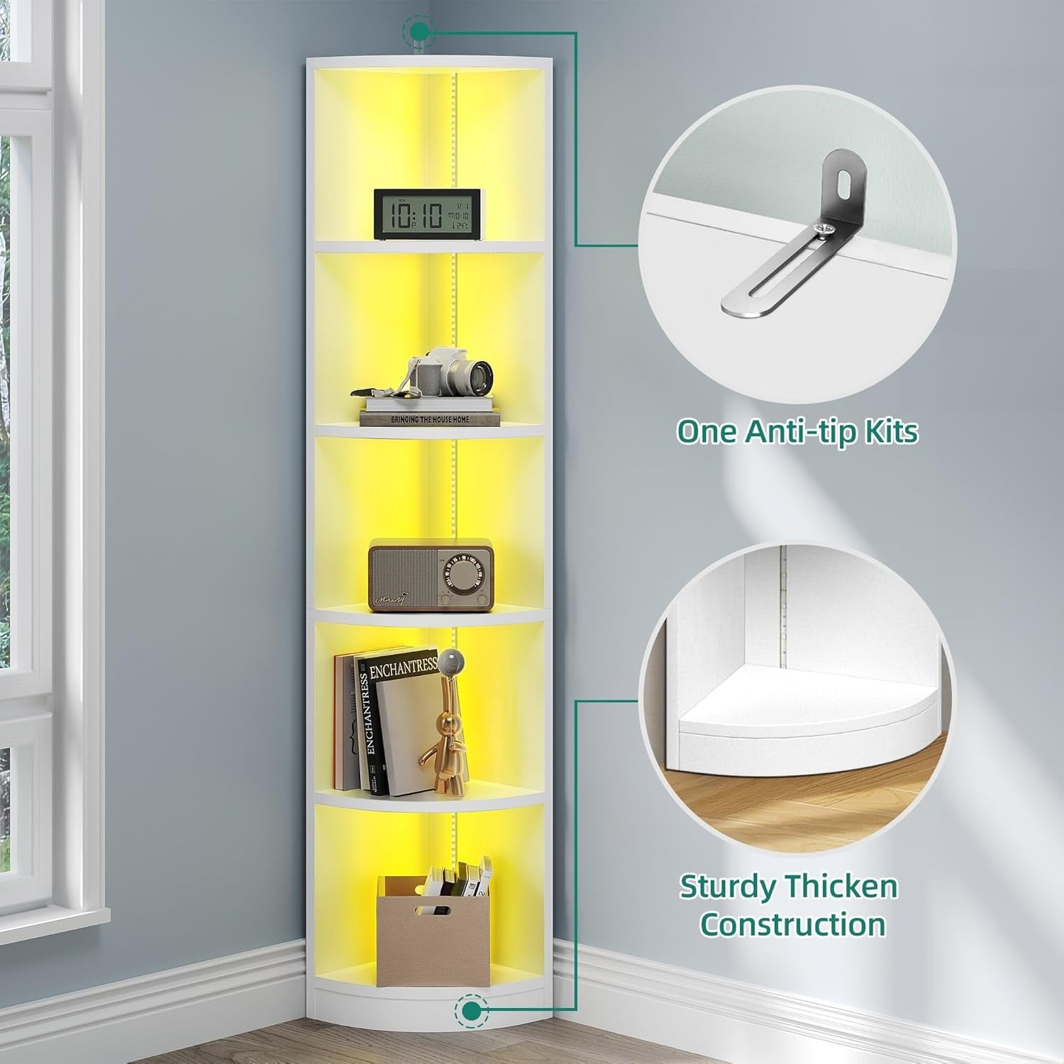 5-Tier LED Corner Bookshelf – Modern Tall Display Unit with Bluetooth & Storage