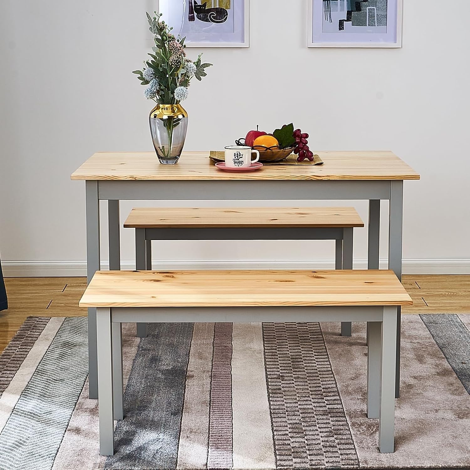 Solid Pine Dining Table & 2 Benches Set | Durable Kitchen Furniture Grey