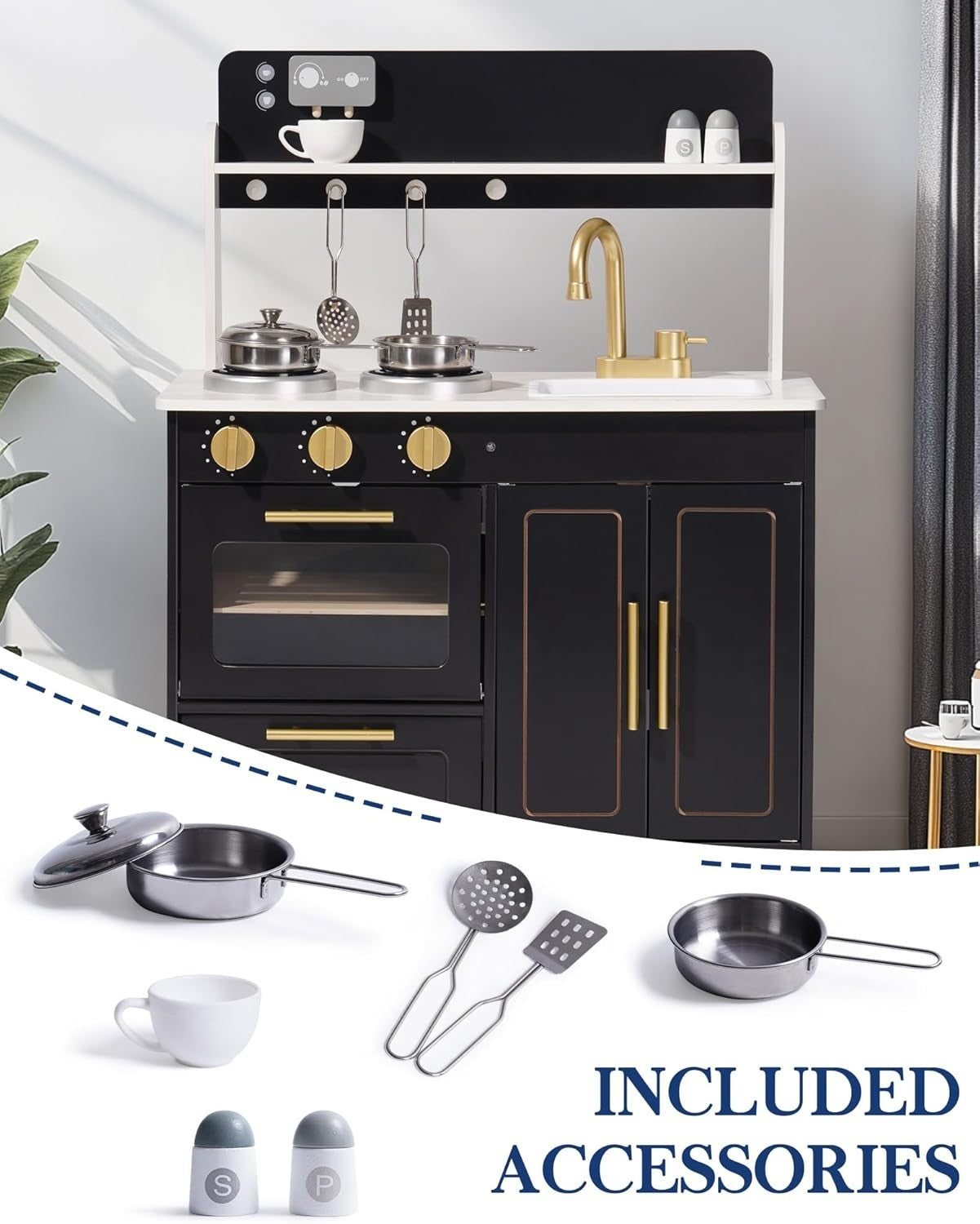 Kids Wooden Play Kitchen w/ Coffee Machine Black Pretend Toy