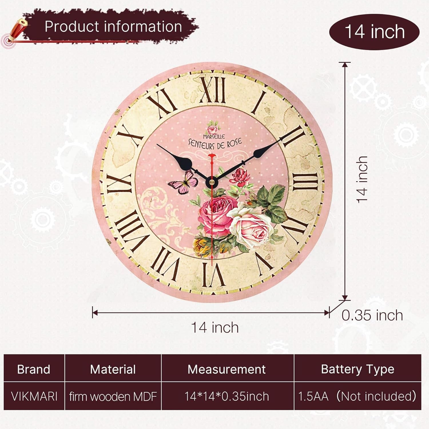 14” Vintage Pink Wooden Wall Clock Silent Non-Ticking Floral Roman Numerals Deco