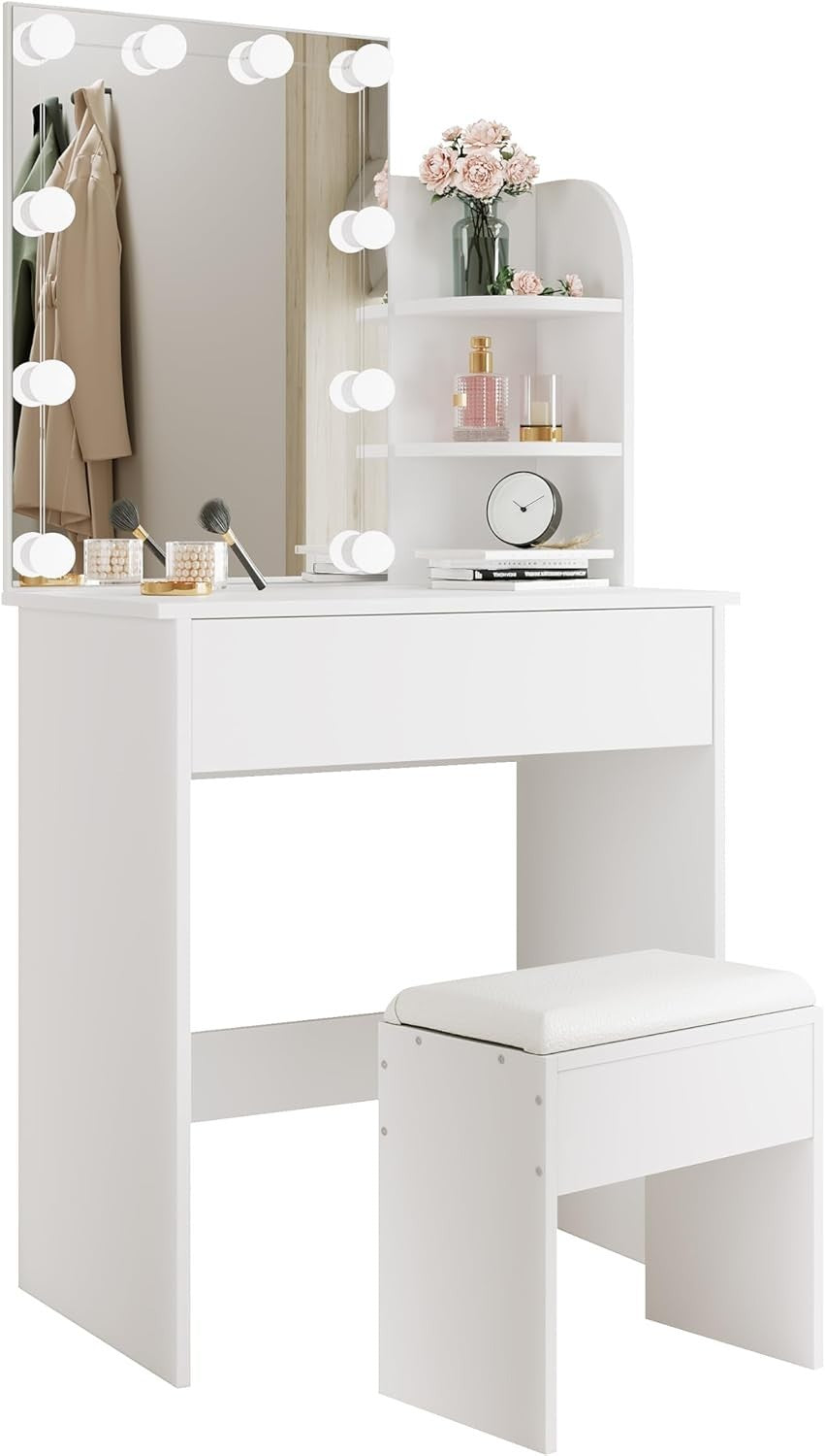 Hollywood LED Vanity Dressing Table Makeup Desk Mirror Stool Drawer Shelves Set