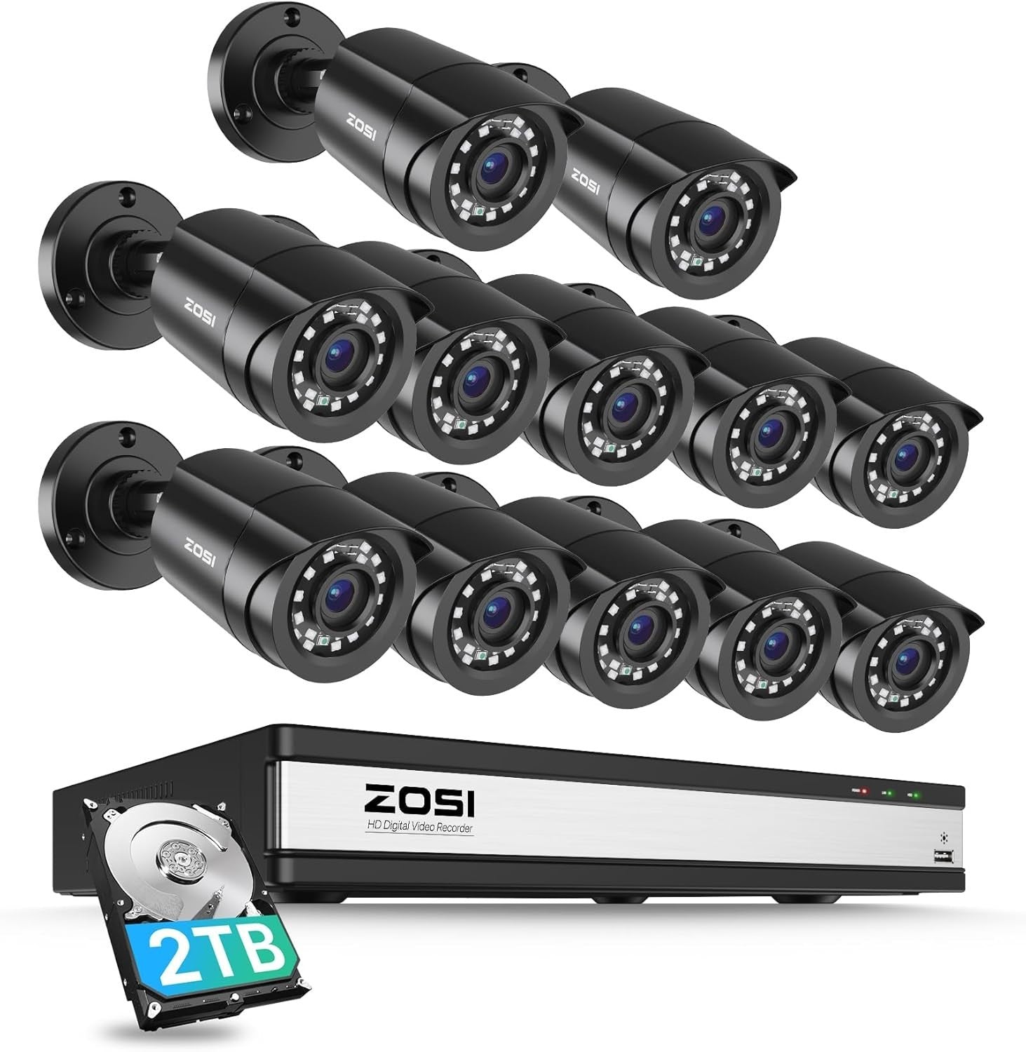 1080P CCTV Security System 16CH DVR 2TB HDD 12 Cameras AI Detection