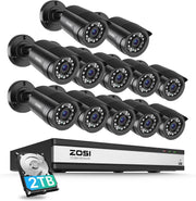1080P CCTV Security System 16CH DVR 2TB HDD 12 Cameras AI Detection