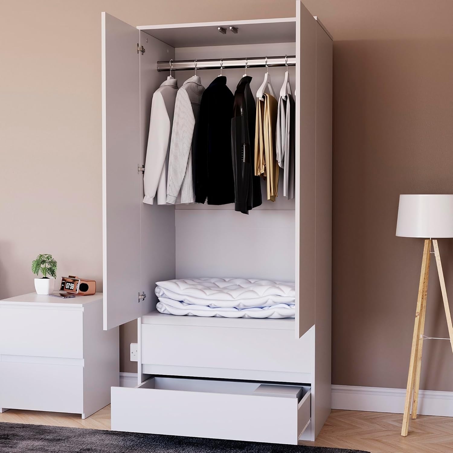 White 2 Door Wardrobe with 2 Drawers Pine Wood Bedroom Storage Cabinet