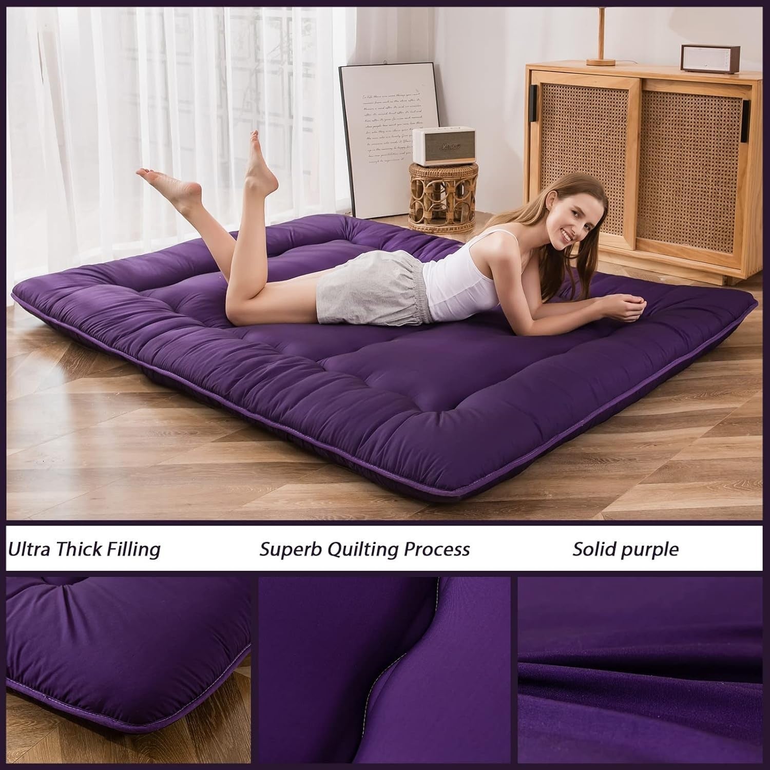 Purple Foldable Futon Mattress | Thick Quilted Floor Sleeping Pad, Portable