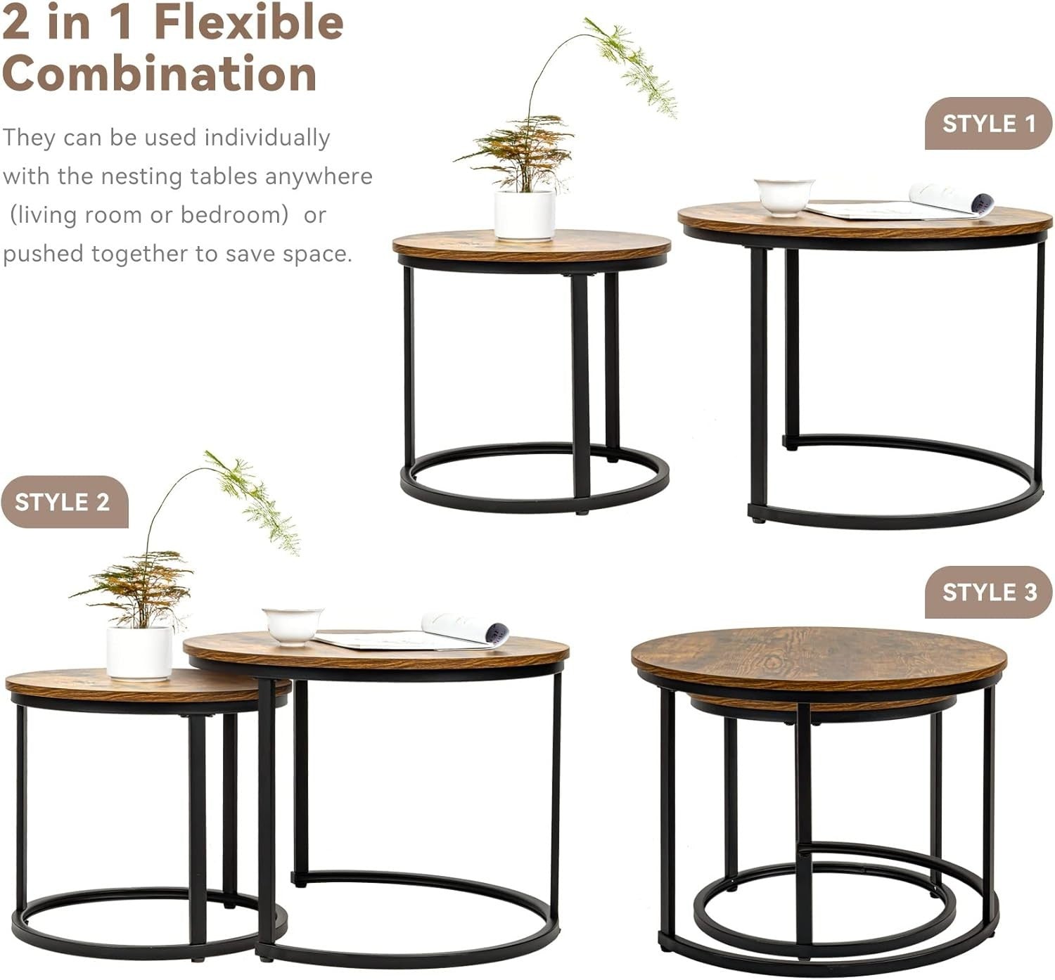 Nesting Coffee Table Set 2 Round Wood Metal Side Tables Living Room Brown