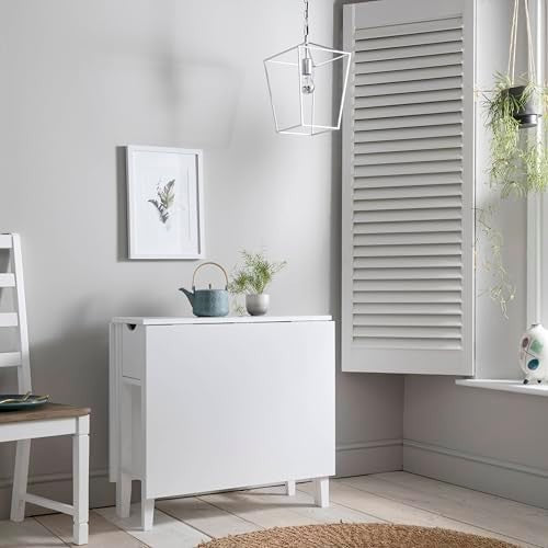 White Folding Dining Table Drop Leaf with Drawer Space Saving Small Dining