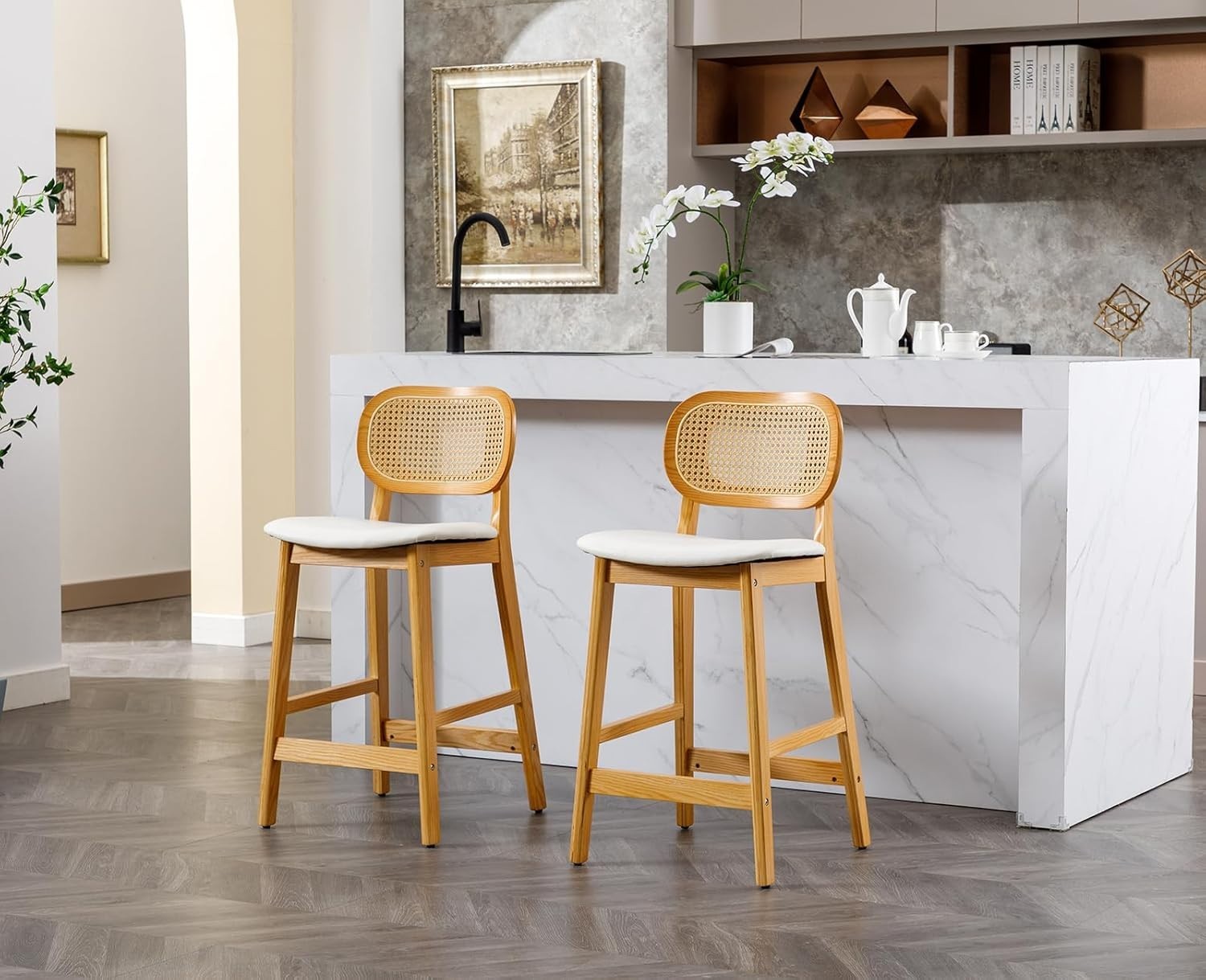 White PU Leather Bar Stool Set 2 – Rattan Backrest High Kitchen Chairs