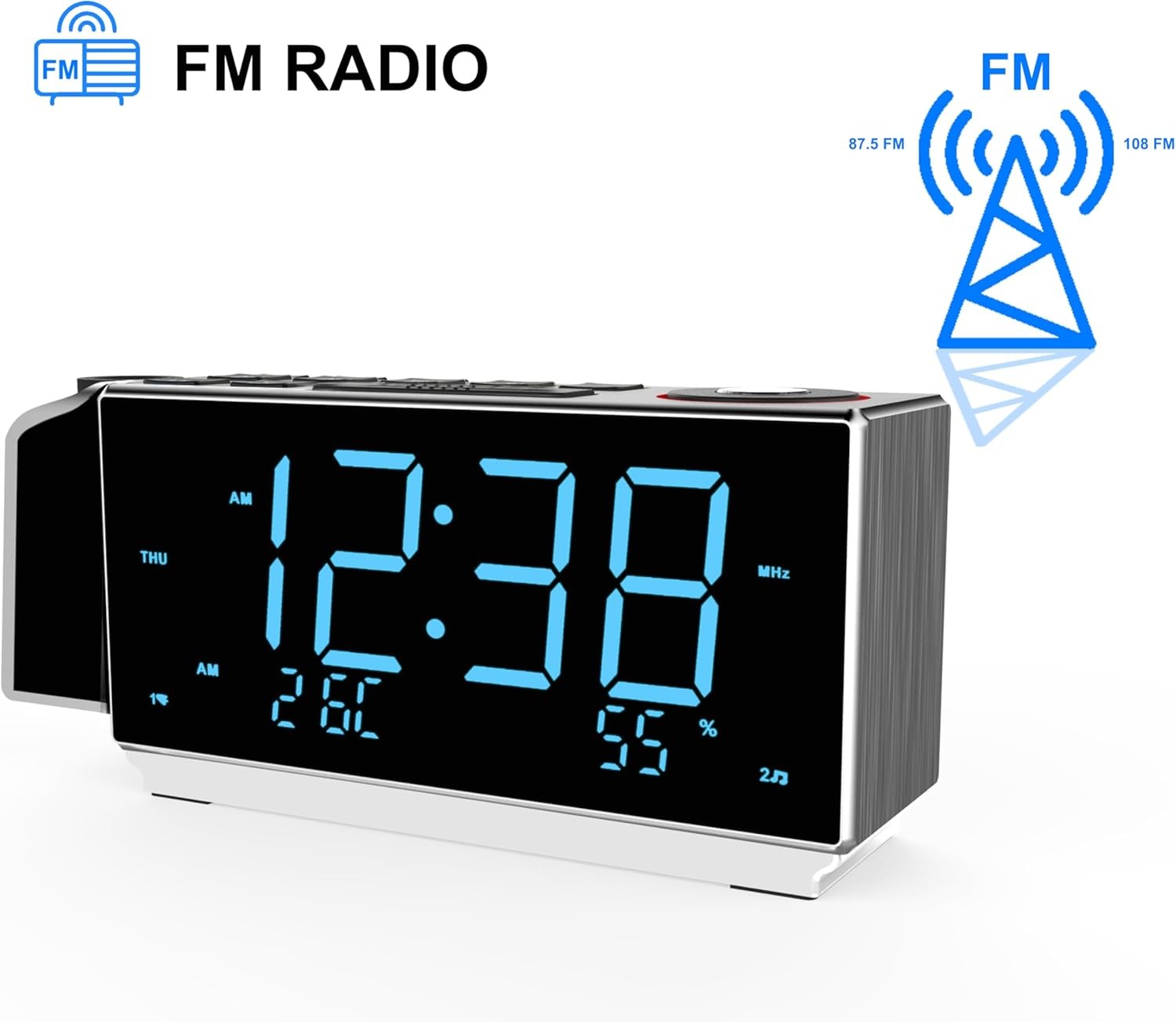 Projection Alarm Clock FM Radio Bluetooth Dual Alarm USB Charging Bedside