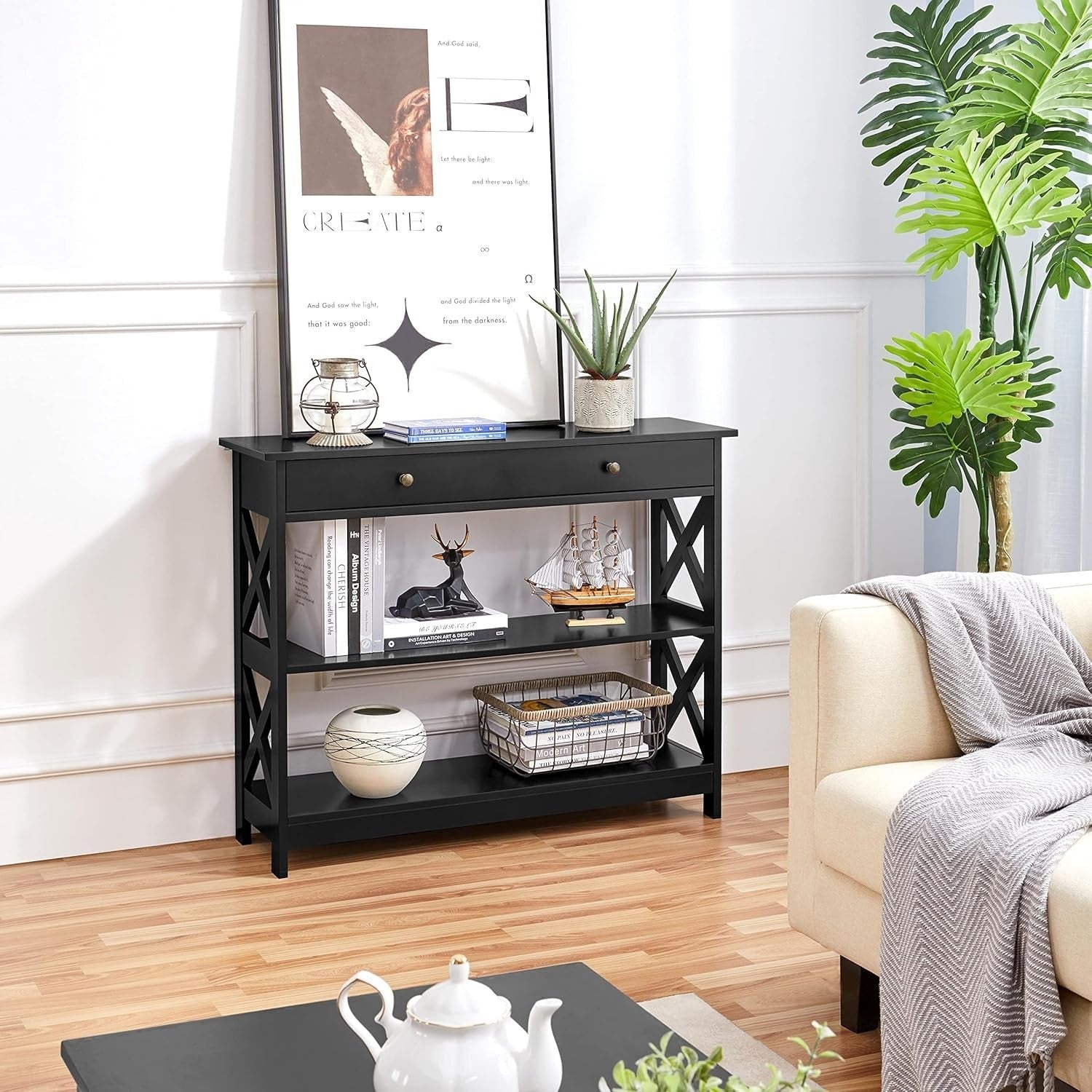 3 Tier Console Table with Drawer & Storage – Black Entryway Shelf Unit