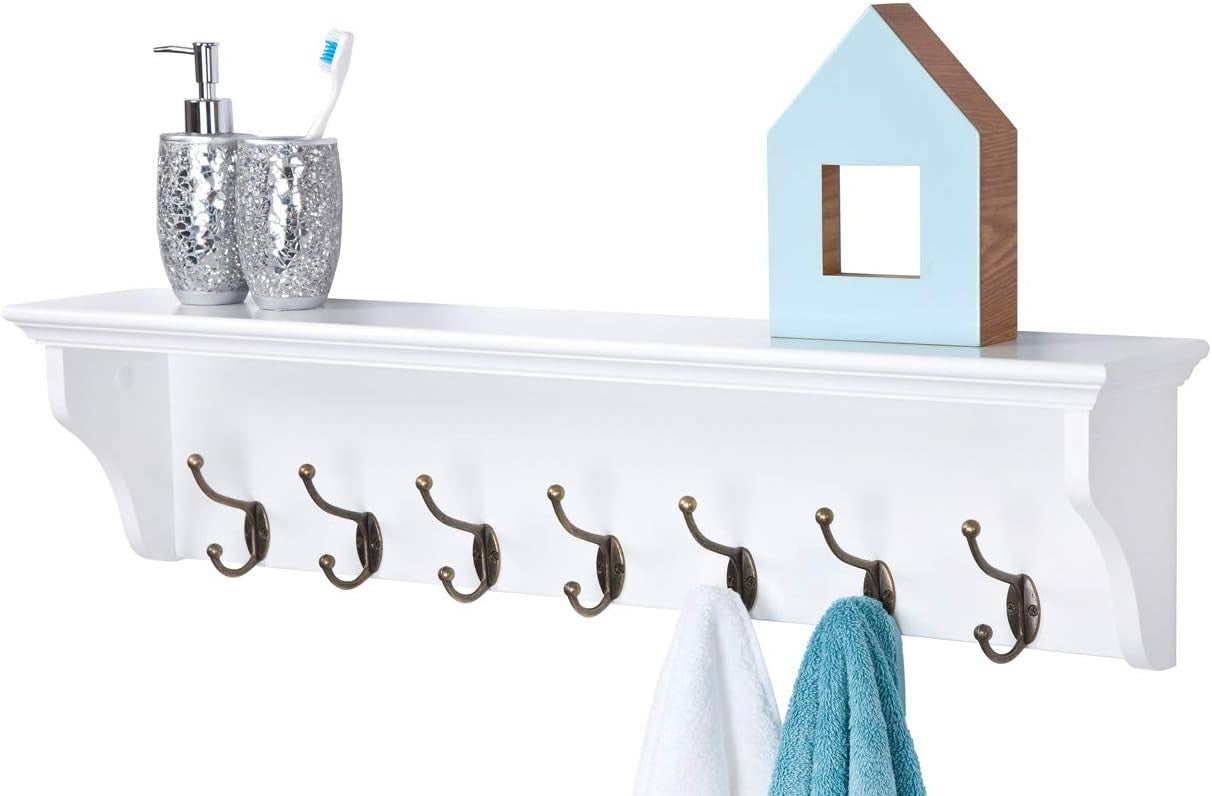 White Wooden Wall Coat Rack with Shelf & 7 Hooks – Hallway Bathroom Organizer