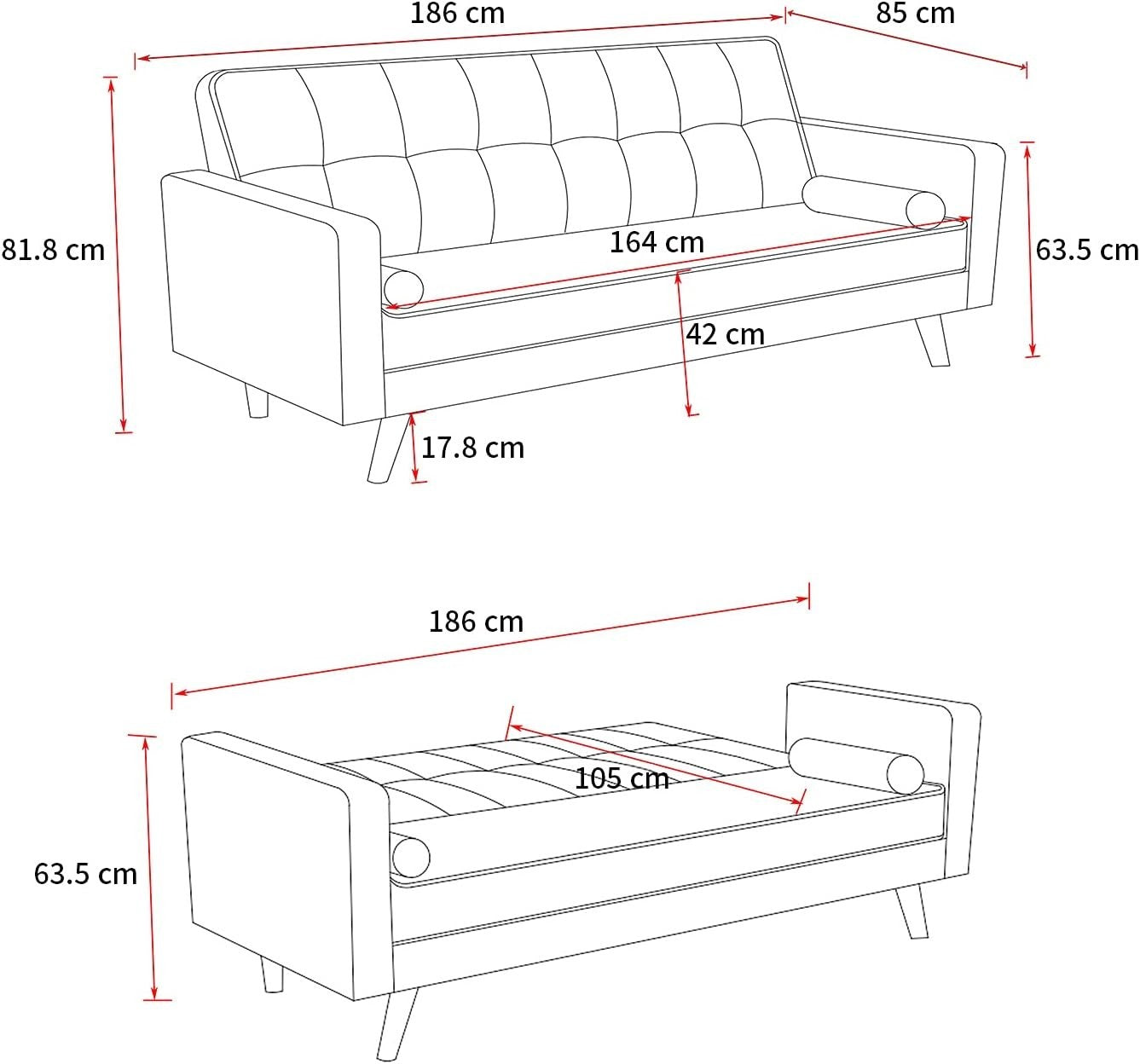 Grey 3 Seater Sofa Bed Linen Fabric Click Clack Couch for Guest Rooms
