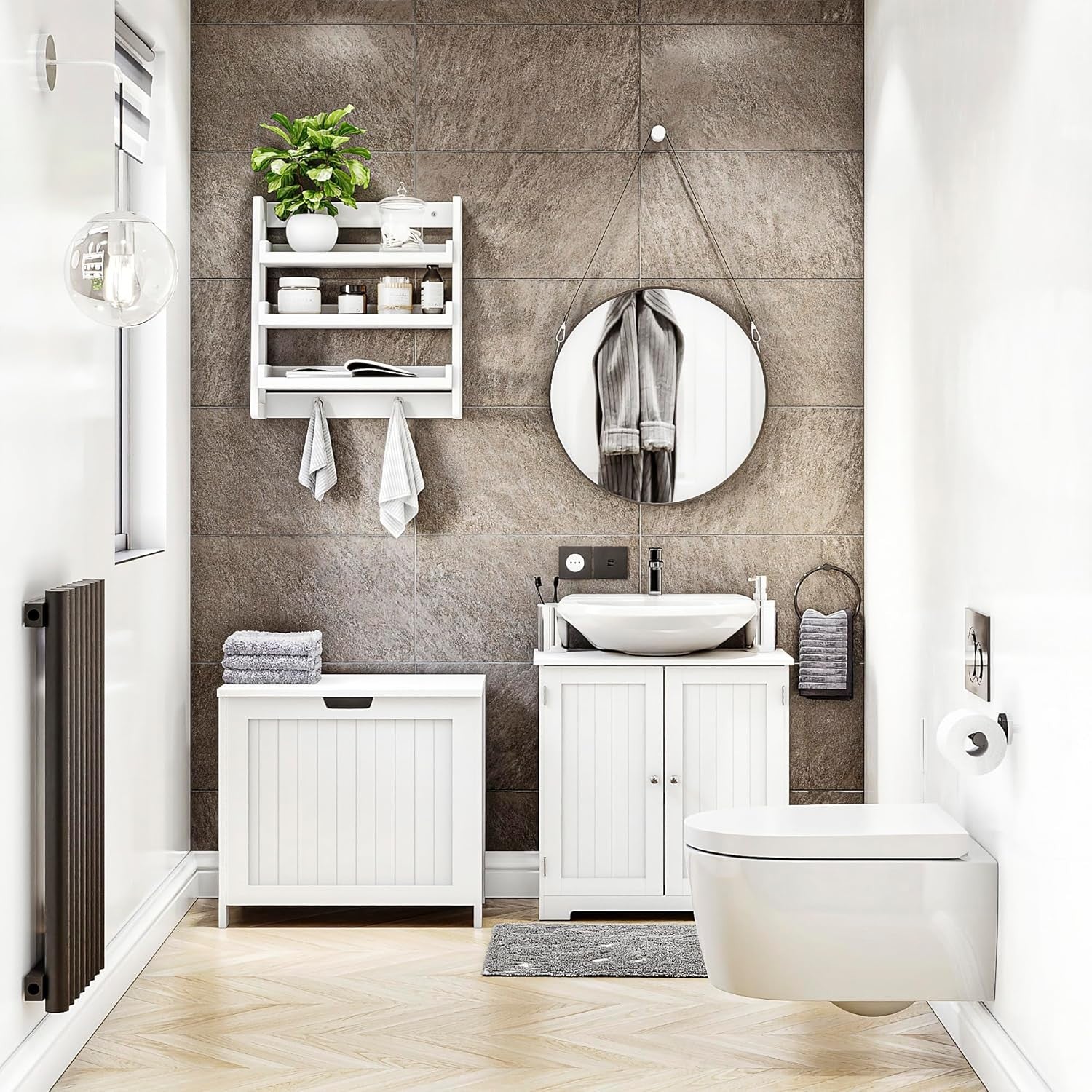 White Wooden Laundry Hamper Large Modern Hinged Lid Basket 56×60×35cm FSC Wood