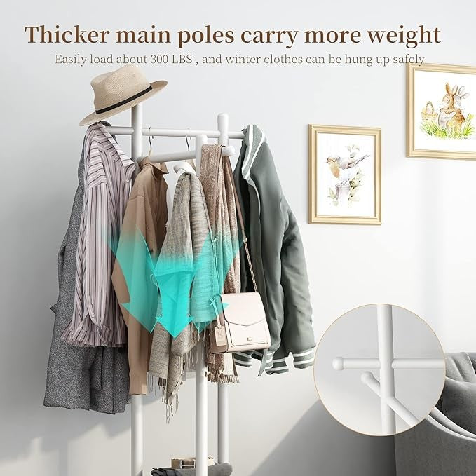 White Wooden Coat Rack Stand | 3 Shelves 360° Rotating 9 Hooks Hall Tree