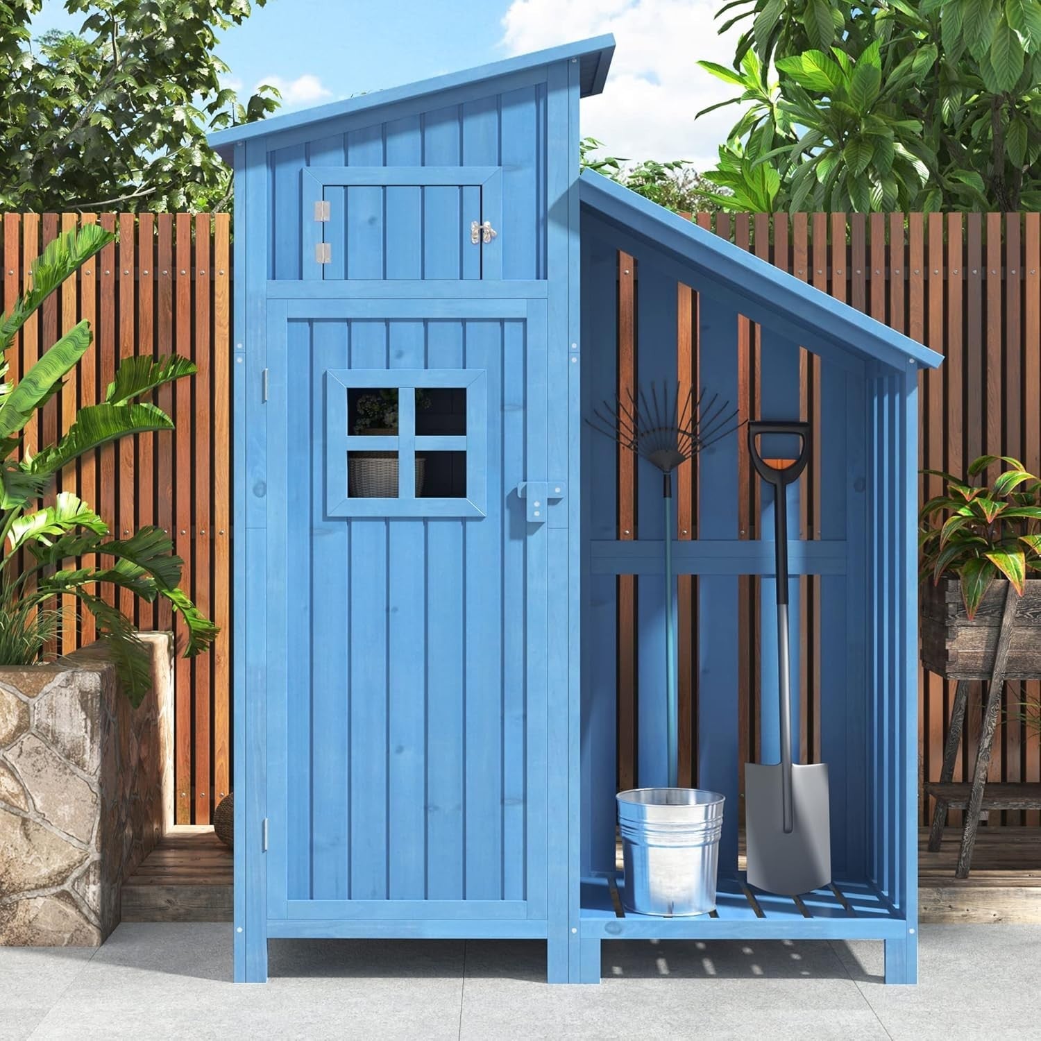 124x46x174cm Blue Wooden Garden Tool Shed Outdoor Storage Cabinet