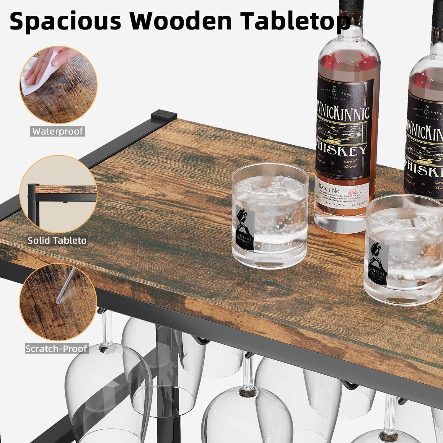 5-Tier Wine Rack Stand for 25 Bottles & 12 Glasses with Wooden Top – Metal