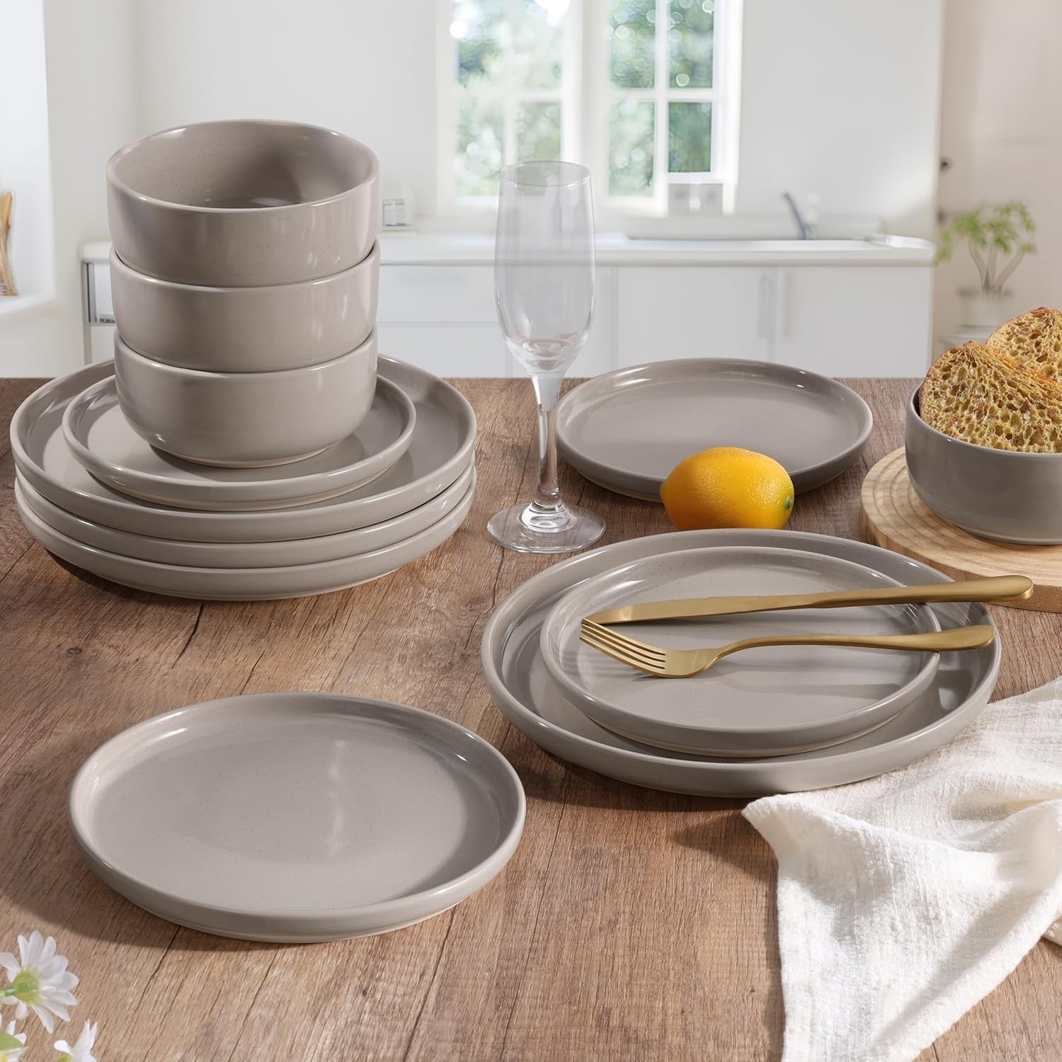 12pc Stoneware Dinnerware Set Plates Bowls Speckled Cream for 4