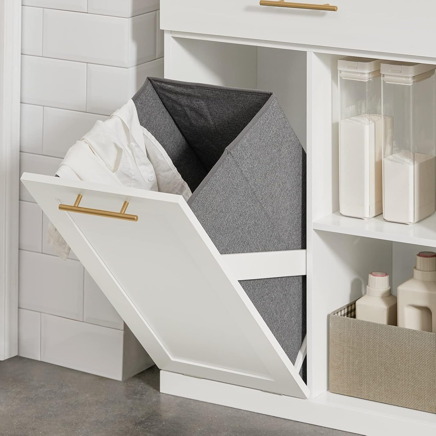 Bathroom Laundry Cabinet with Pull Out Basket Drawer Shelves White Storage