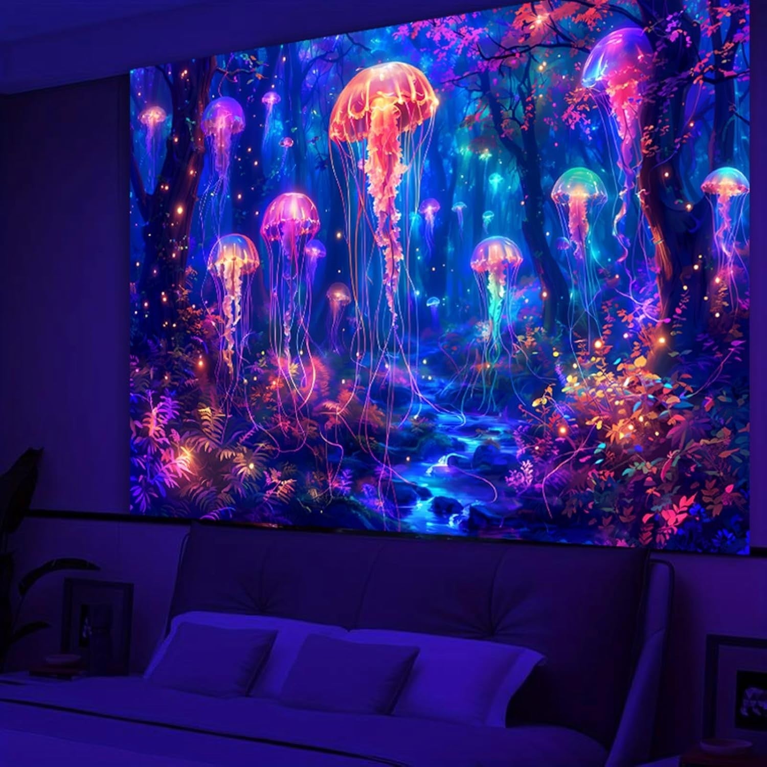 UV Reactive Jellyfish Tapestry Wall Art Neon Glow in Dark Decor