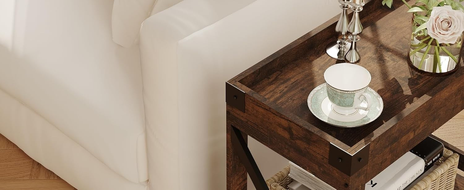 Narrow Rustic Brown Side Table with Storage Shelf – Compact End Table