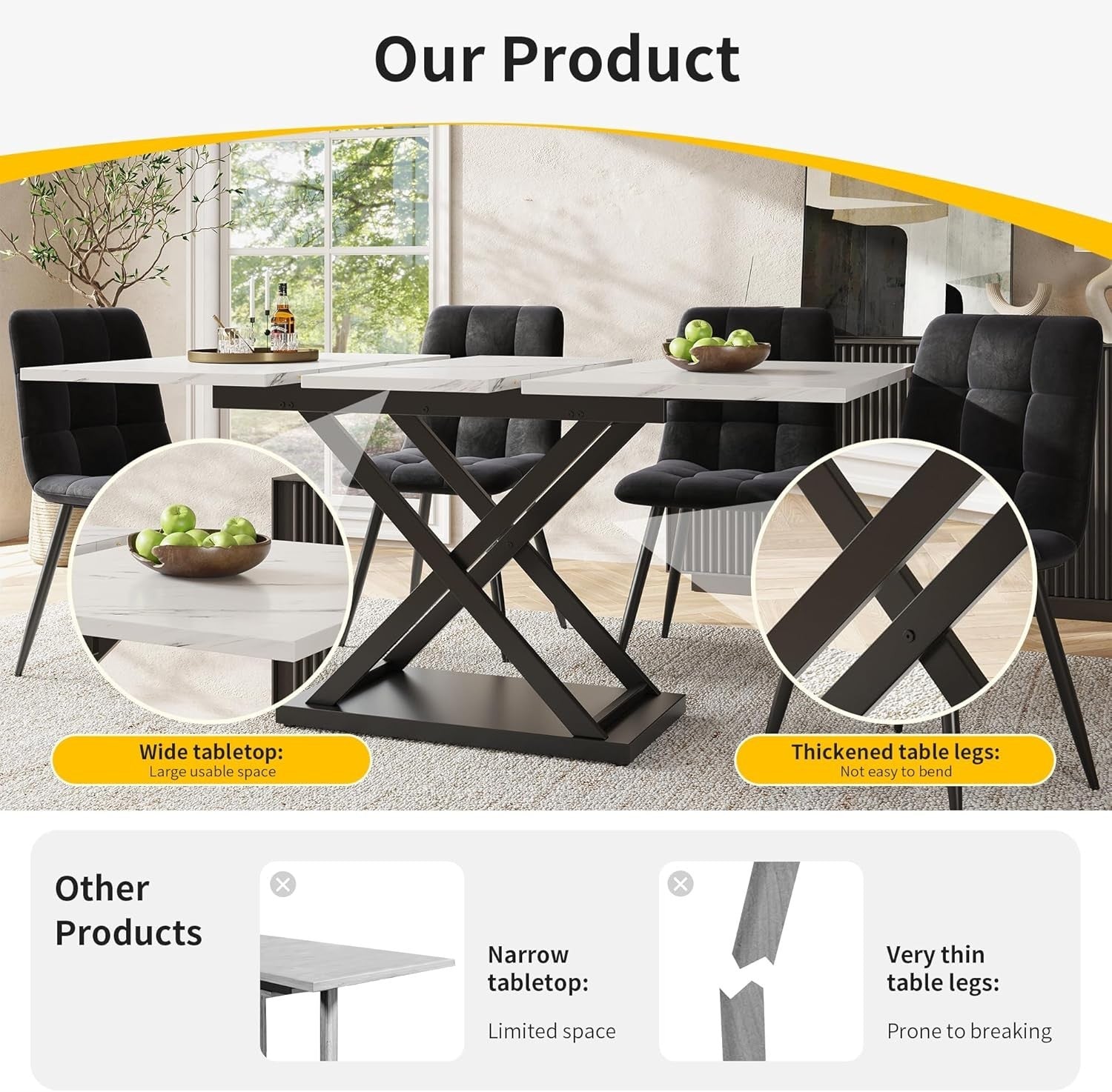 Extendable Dining Table White Marble Black Iron Legs 120-160cm