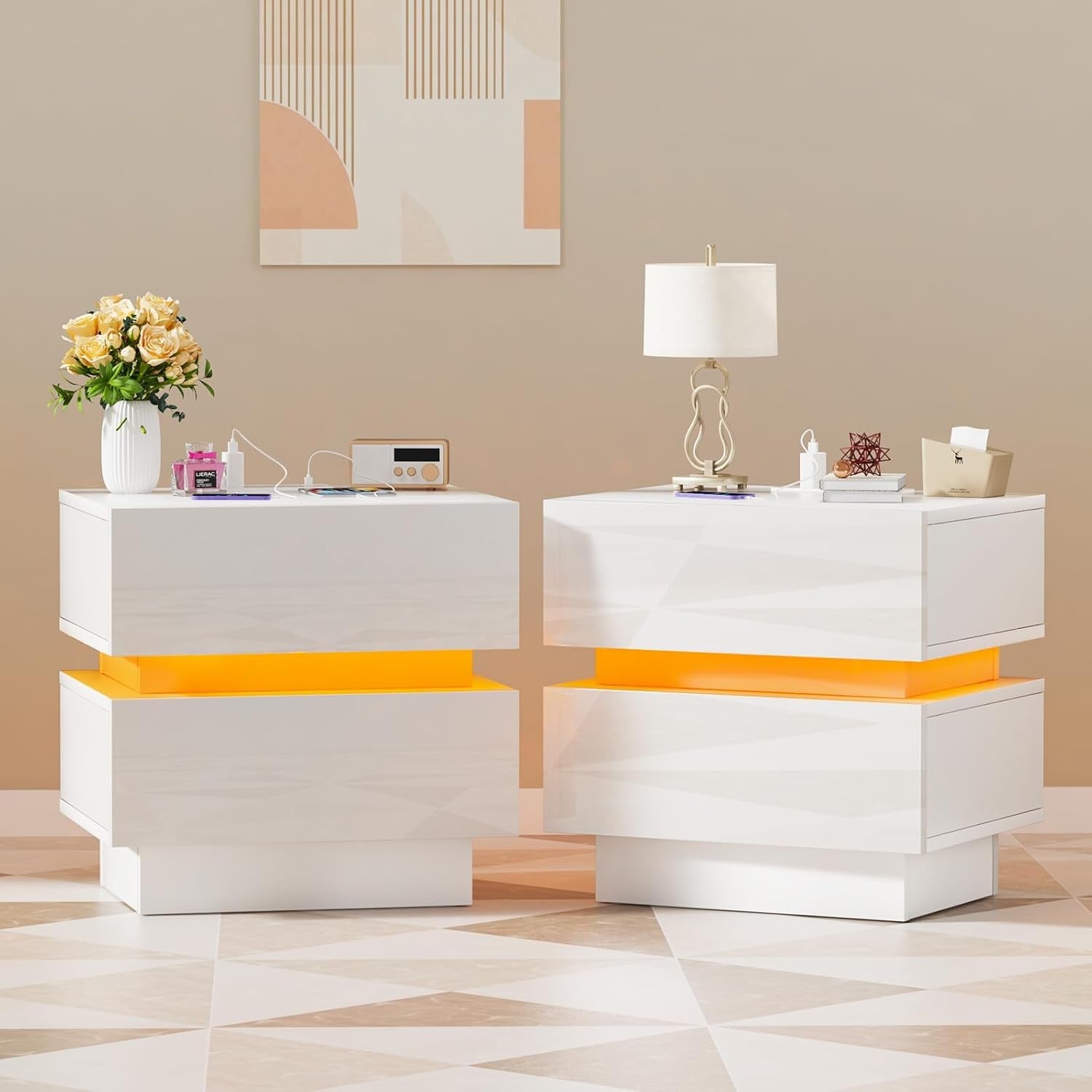 White LED Bedside Table with Charging Station 2-Drawer Modern Nightstand
