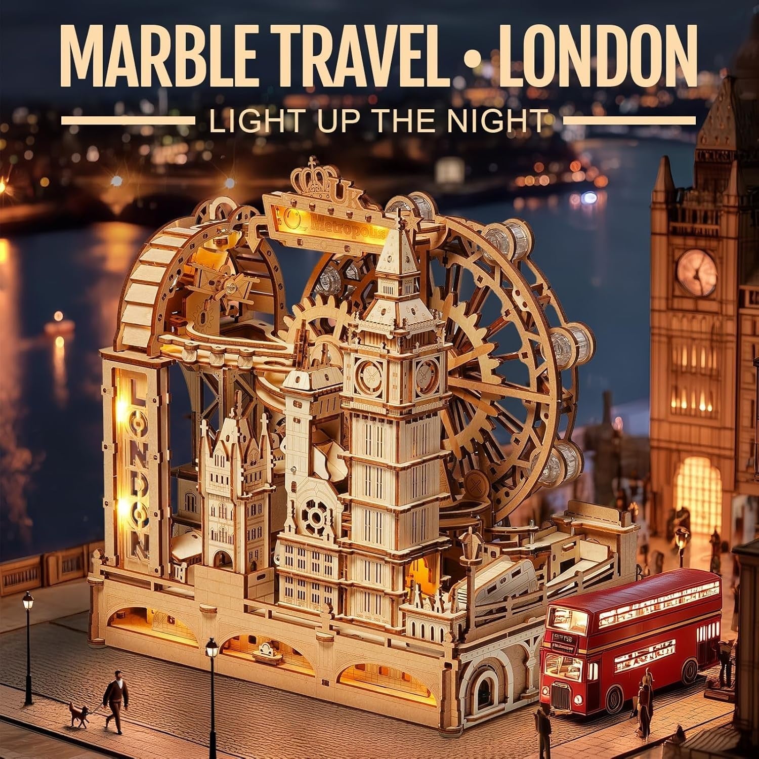 3D Wooden Marble Run London Model Kit LED Mechanical Puzzle 431Pc