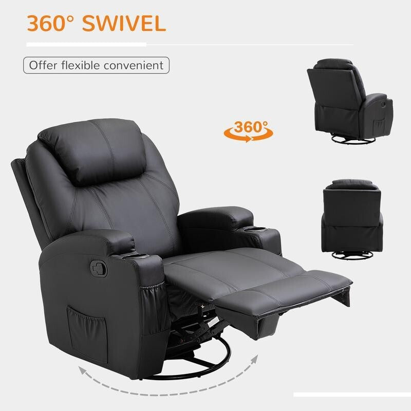 Recliner Massage Armchair PU Leather Swivel Rocking Chair w/ Remote & Cups
