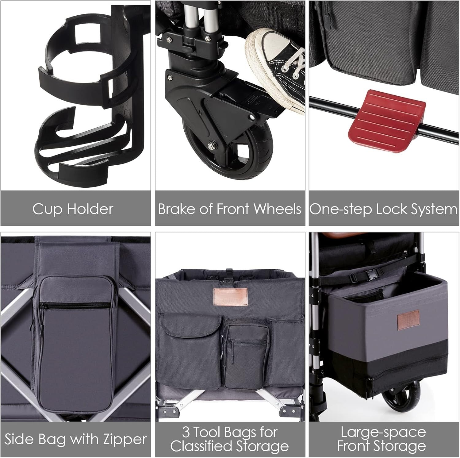 Grey Push Pull Stroller Wagon 2-Seater Folding Cart w/ Canopy 5-Point Harness