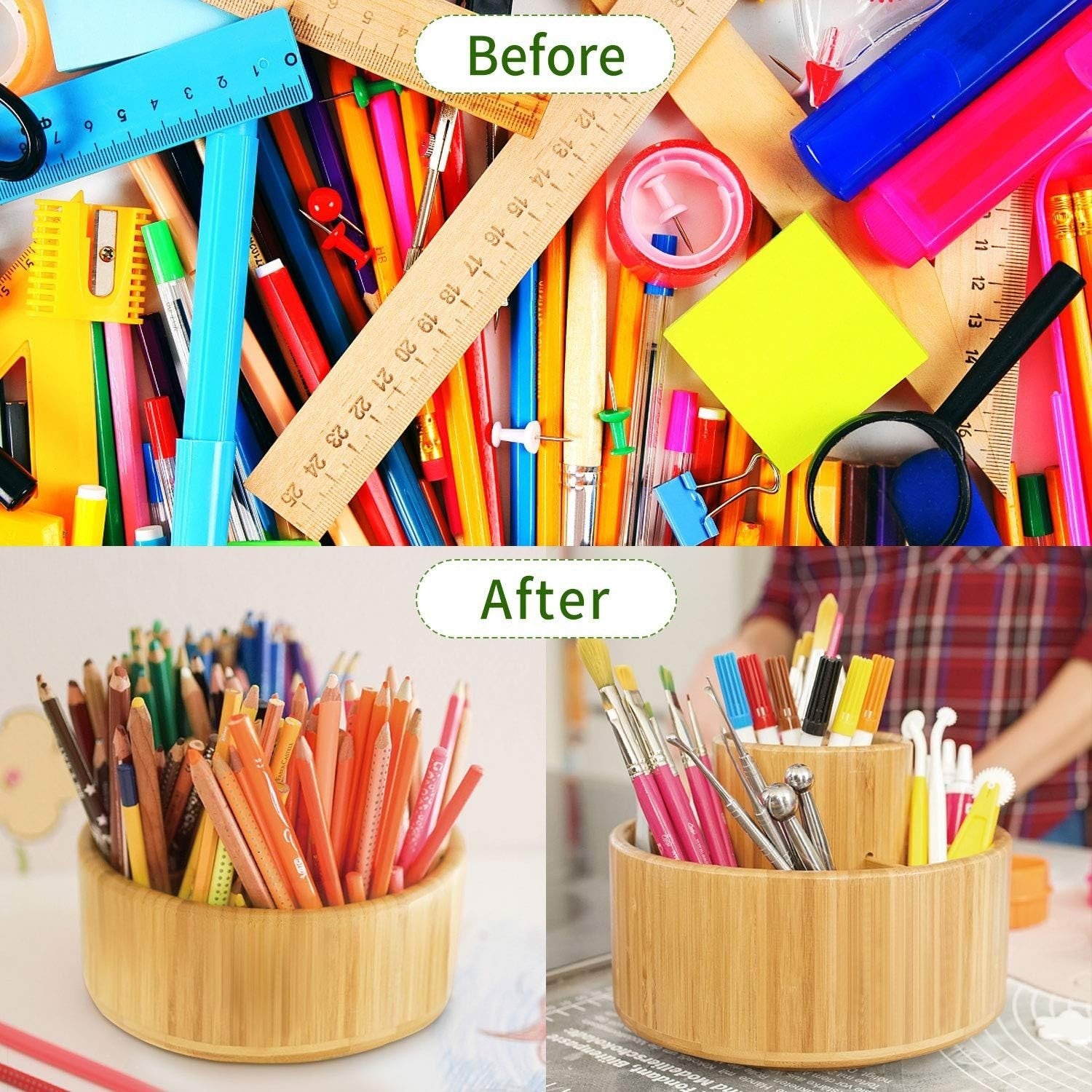 Rotating Bamboo Desk Organizer 11 Compartments Large Pen & Art Holder