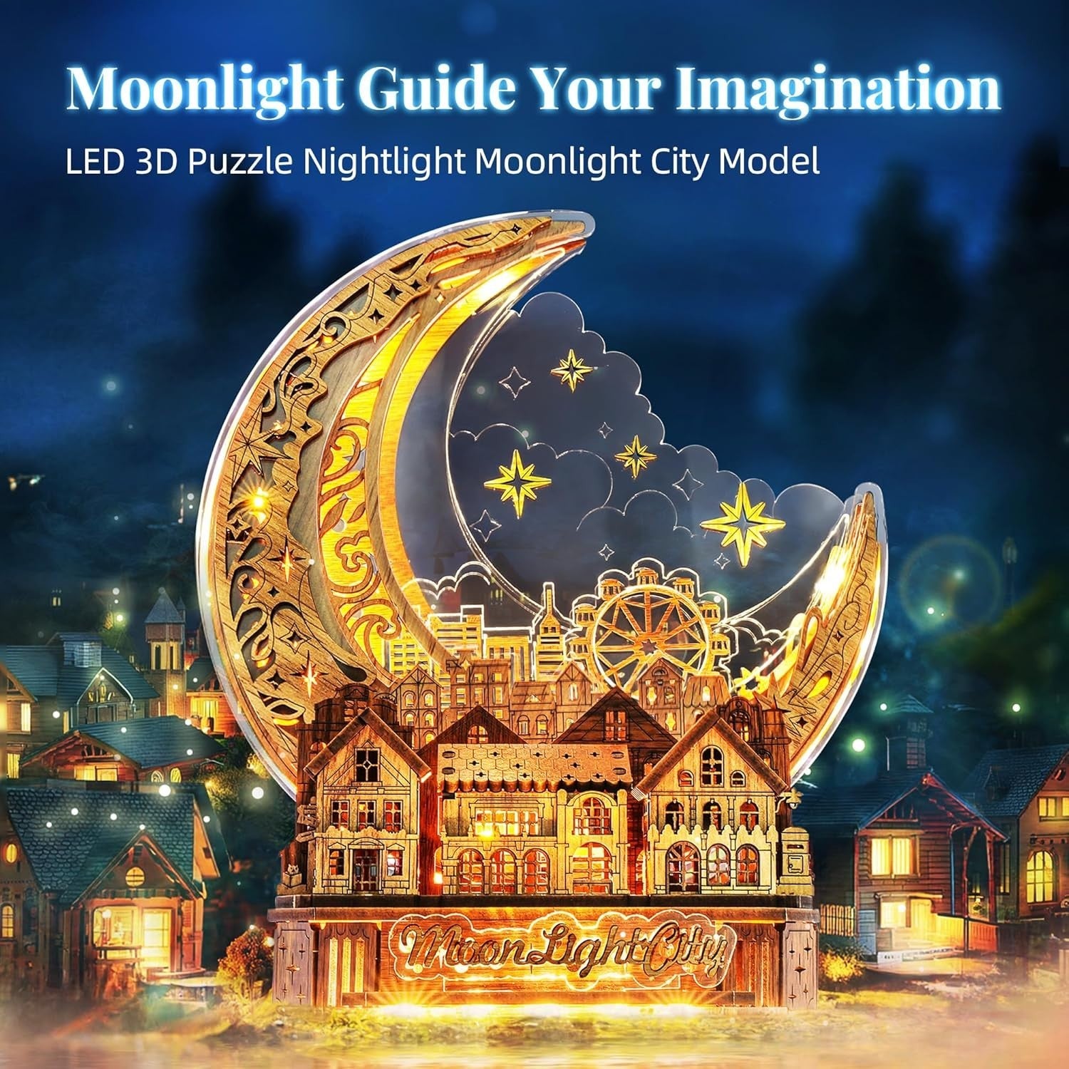 LED Moon City 3D Wooden Puzzle DIY Night Light Home Decor Gift