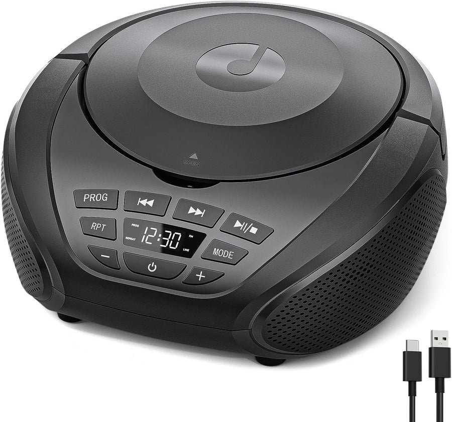 Portable CD Player Boombox Speakers FM Radio AUX Headphone Jack Black