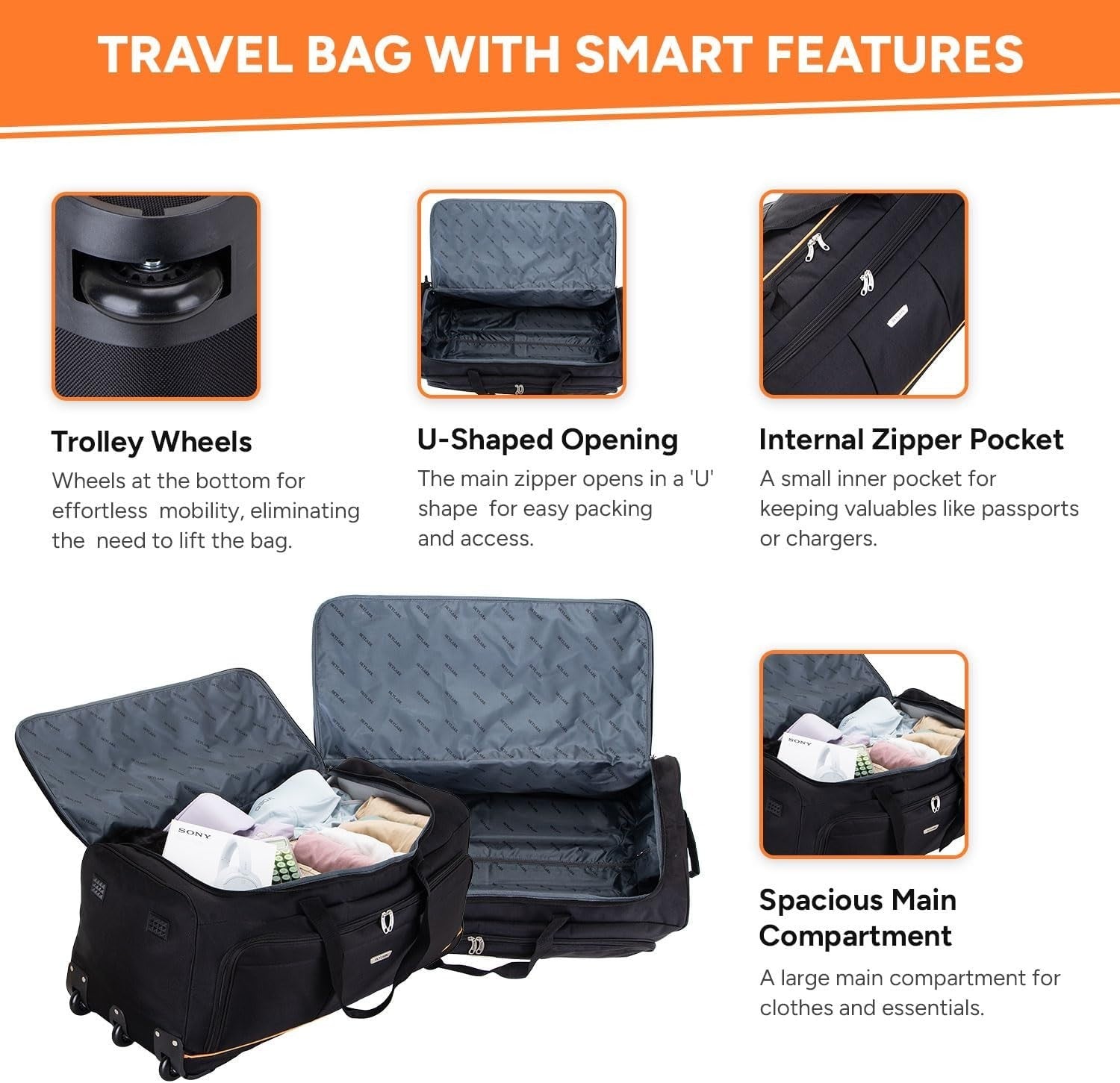 36” Extra Large Travel Duffle on Wheels Lightweight Holdall Bag 155L