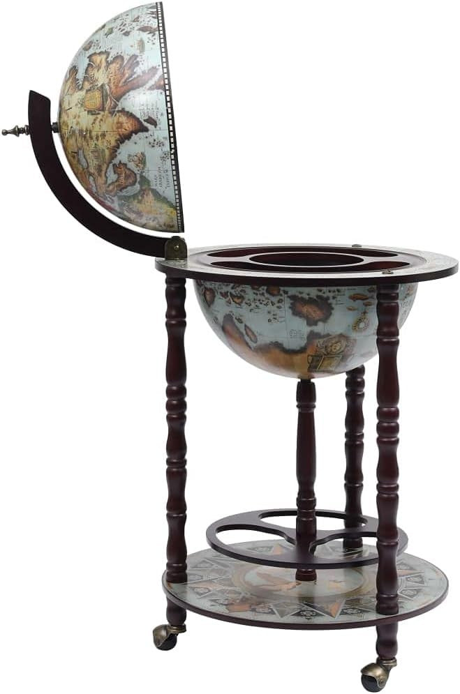 Vintage Globe Bar Drinks Cabinet on Wheels | Bottle & Glass Storage Blue/Brown