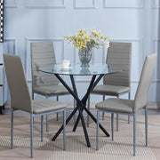 Round Glass Dining Table Set with 4 Grey PU Chairs for Kitchen or Dining