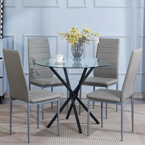Round Glass Dining Table Set with 4 Grey PU Chairs for Kitchen or Dining