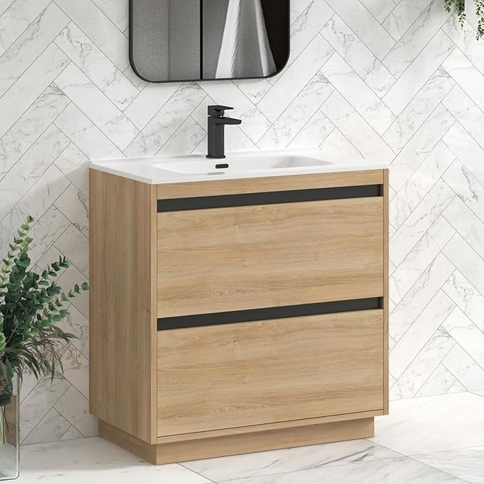 800mm Oak Floor Standing Vanity Unit with Basin Sink 2 Drawer Bathroom Cabinet