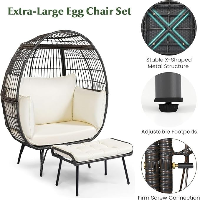 Outdoor Egg Chair with Ottoman & Cushions Rattan Lounge Set Garden Balcony